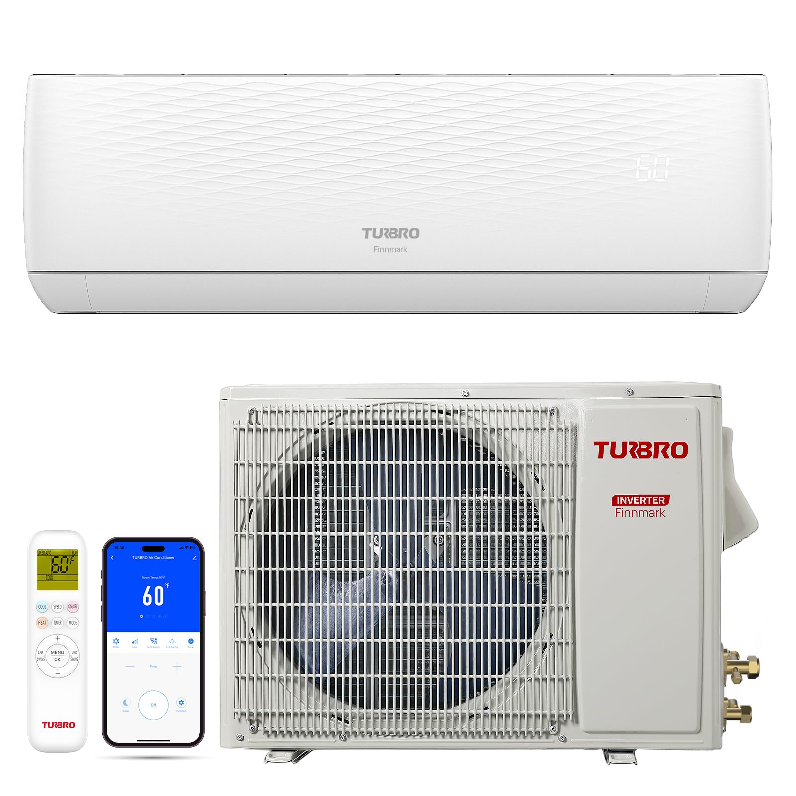 Bomba de calor minisplit TURBRO de 24 000 BTU sin ductos, aire acondicionado, 18,5 SEER2, inversor, control inteligente WiFi, refrigerante R32, sistema precargado de 230 V, certificación AHRI, serie Finnmark