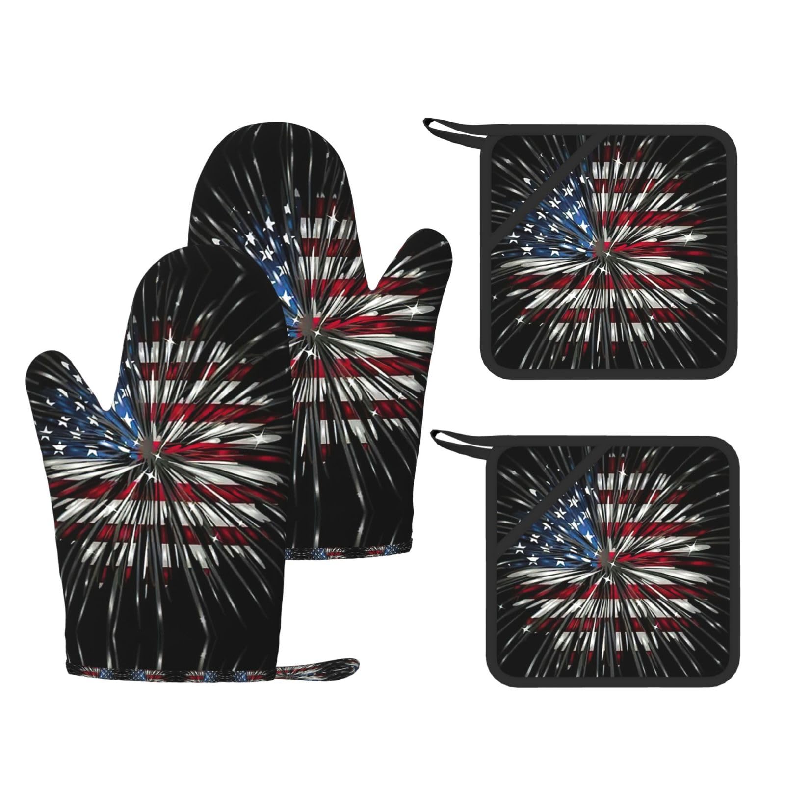 American Flag Firework Printed Oven Gloves and Hot Pads Set of 4, High Heat Resistant Silicone Mitts for Cooking BBQ