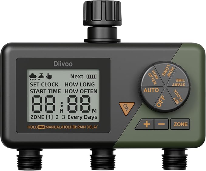 Sprinkler Timer 3 Zone, Diivoo Water Hose Timer 3 Outlet for Garden, Programmable Automatic