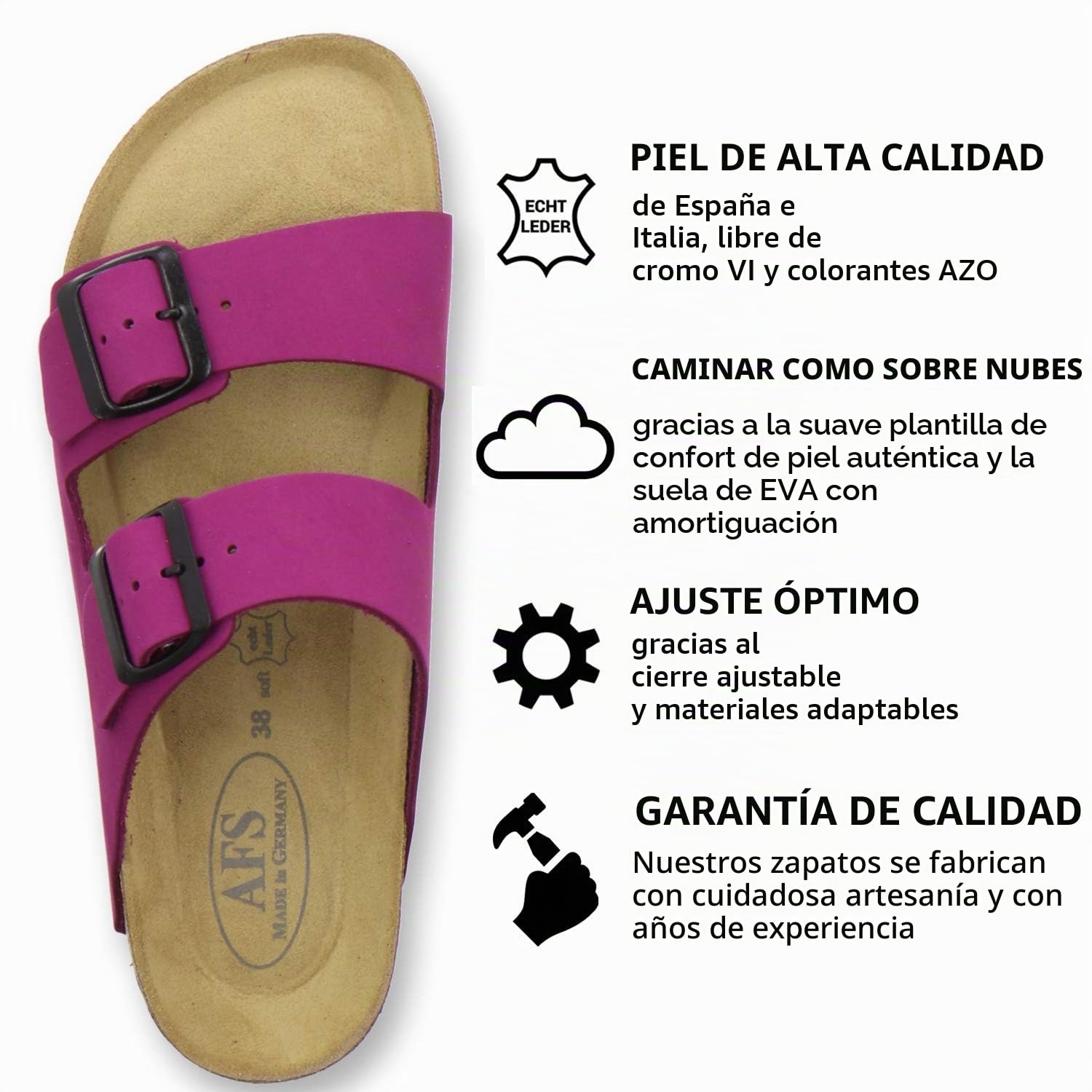 AFS-Schuhe 2100 - Chanclas cómodas para mujer de piel auténtica, prácticas zapatillas de trabajo, zapatillas de estar por casa, hechas a mano en Alemania, color Rojo, talla