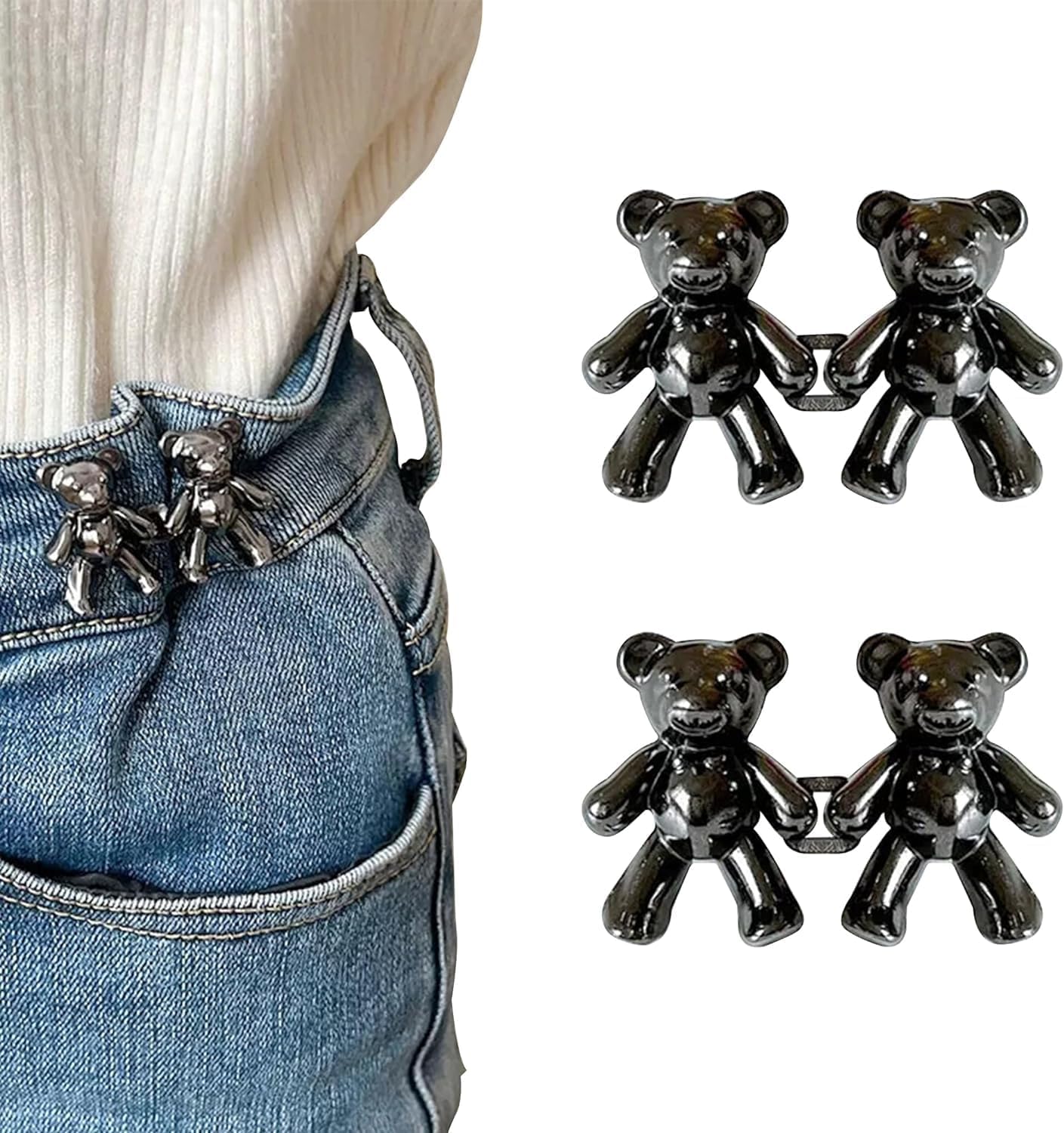 Cute Bear Jeans Button Pins No Sew Detachable Waist Body Fit Tighten Buckles Perfect Girl's Gifts for Women Skirt Pant Jeans, Metal Pack Of 1 Pair (Black)