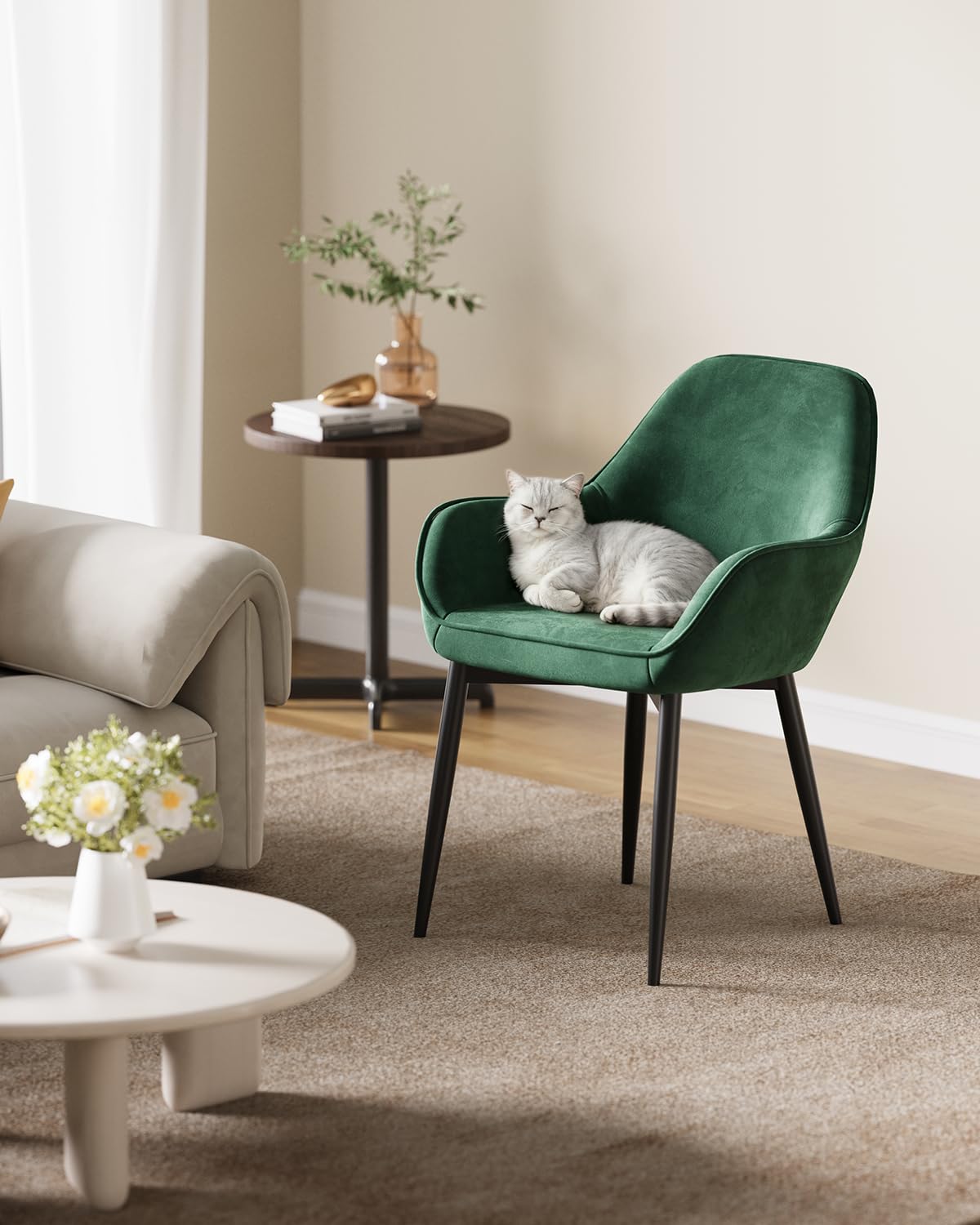 ELUCHANG Silla de Comedor Tapizada Terciopelo con Reposabrazos Pack 4, Ergonómica para Cocina, Dormitorio, Sala, Carga 150kg, Patas de Metal Estable, Verde
