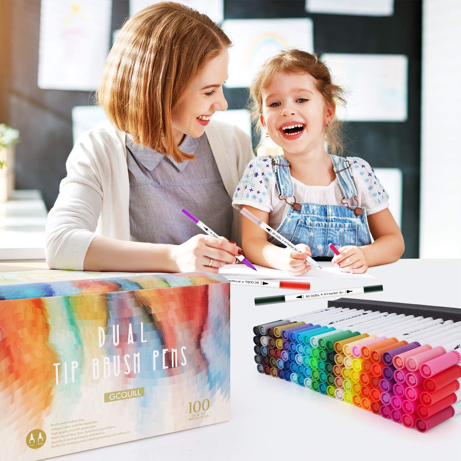 100 CouleursFeutres Coloriage Adulte, Enfants, Stylo Feutre Double Pointe Fine pour Dessin, Bullet Journal, Griffonnage, Scrapbooking GC-100W