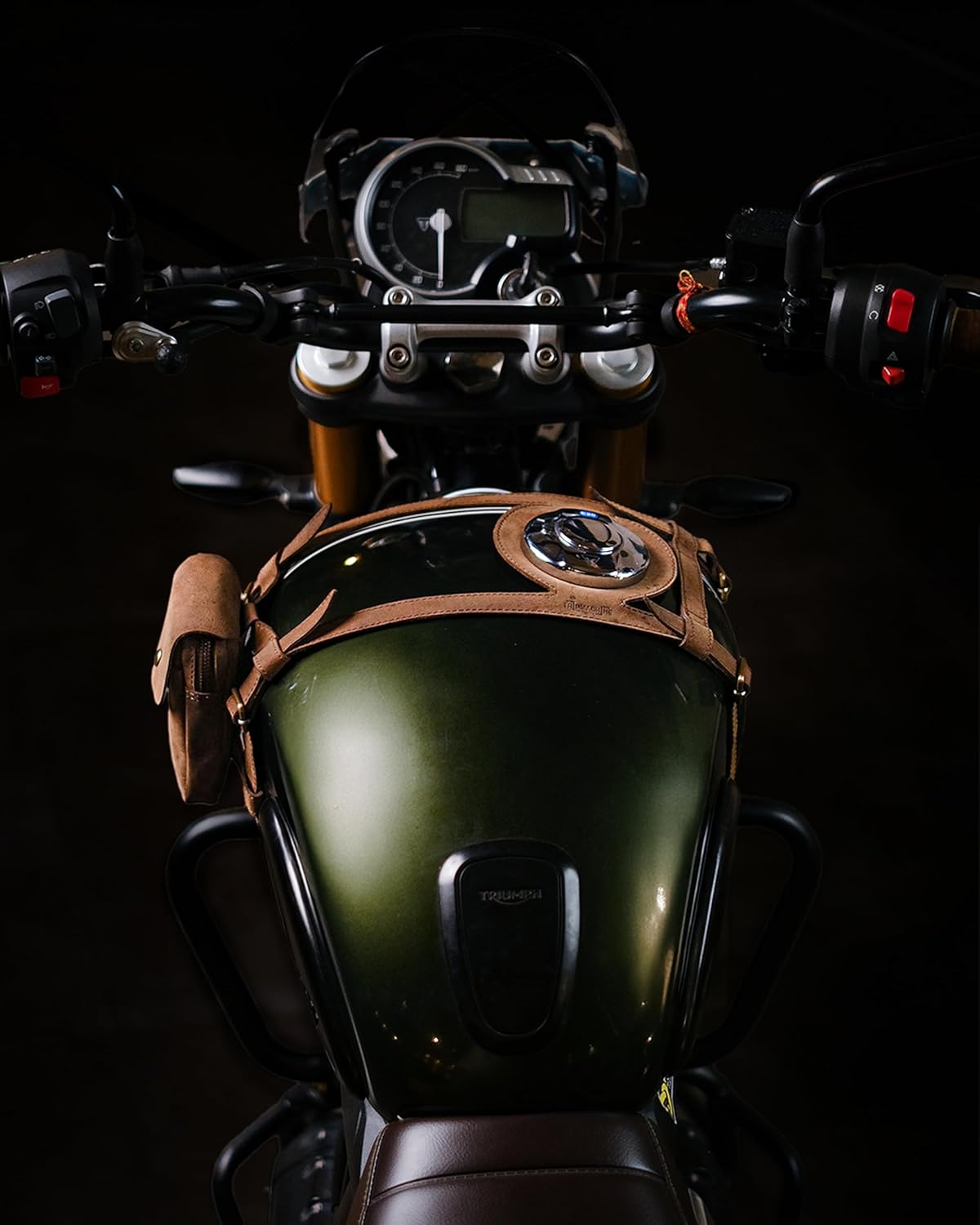 Trip Machine Company Genuine Leather Motorcycle Fuel Tank Strap – Adjustable Horizontal Tank Belt – Crafted to Fit Triumph Scrambler 400, Speed 400 & New Speed T4 (Tobacco Brown, With Pouch)