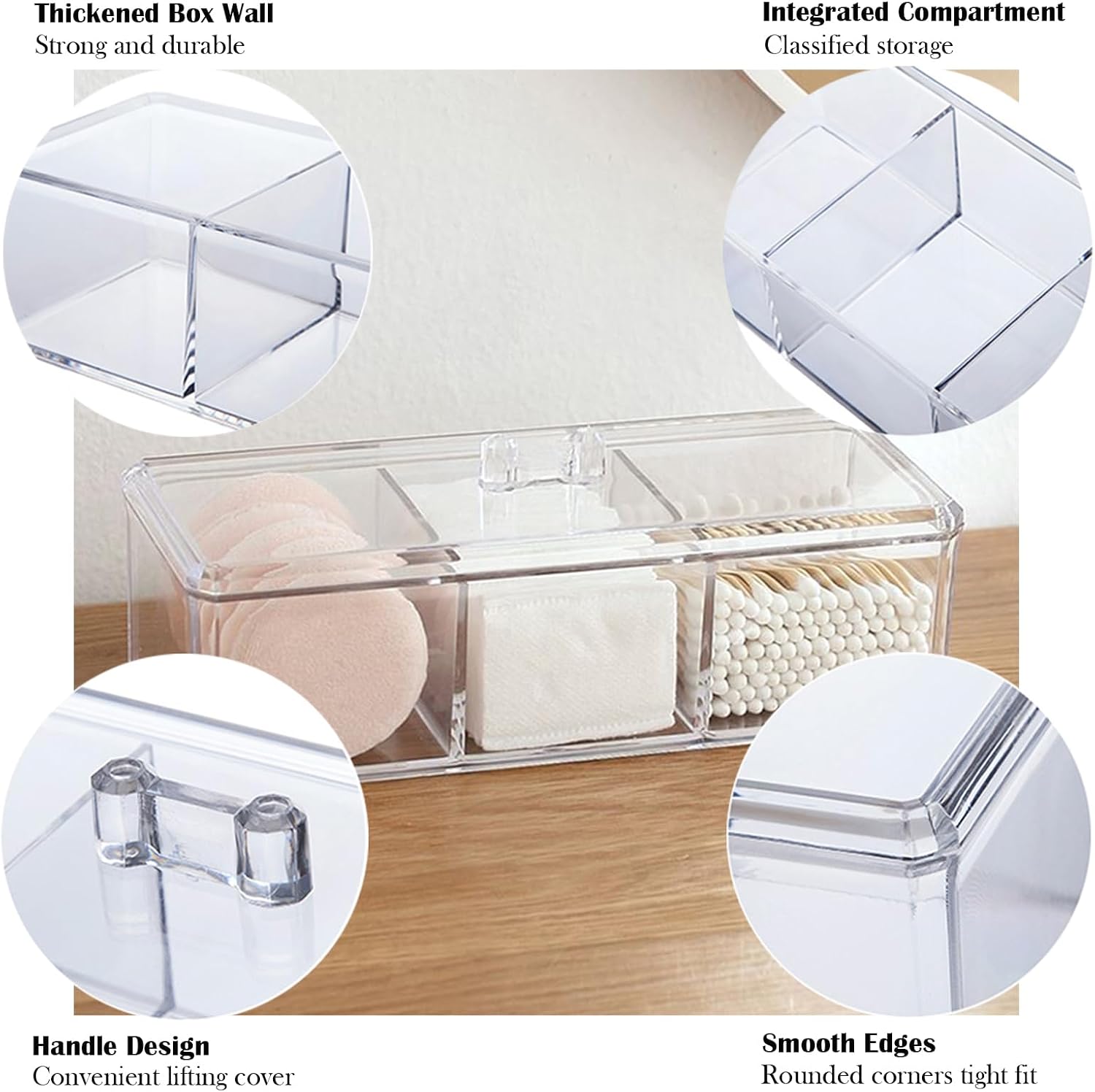 Qtip Holder Dispenser 3 Compartments Cotton Ball Swab Holder with Lid Clear Bathroom Dresser Organizer Tea Bag Holder Acrylic Organizer for Cotton Ball and Swab, Round Pads, Hair Accessories