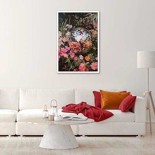 Miniatura 3 de Póster de bola de discoteca de moda entre las coloridas flores, póster retro de bola de discoteca de los años 60 y 70, estilo floral, estética,