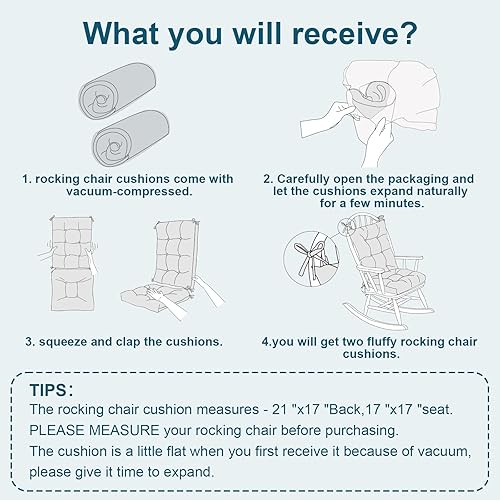Miniatura 8 de Juego de 2 cojines para sillas mecedoras para uso en exteriores e interiores, resistentes al agua, almohadillas para sillas de respaldo alto para