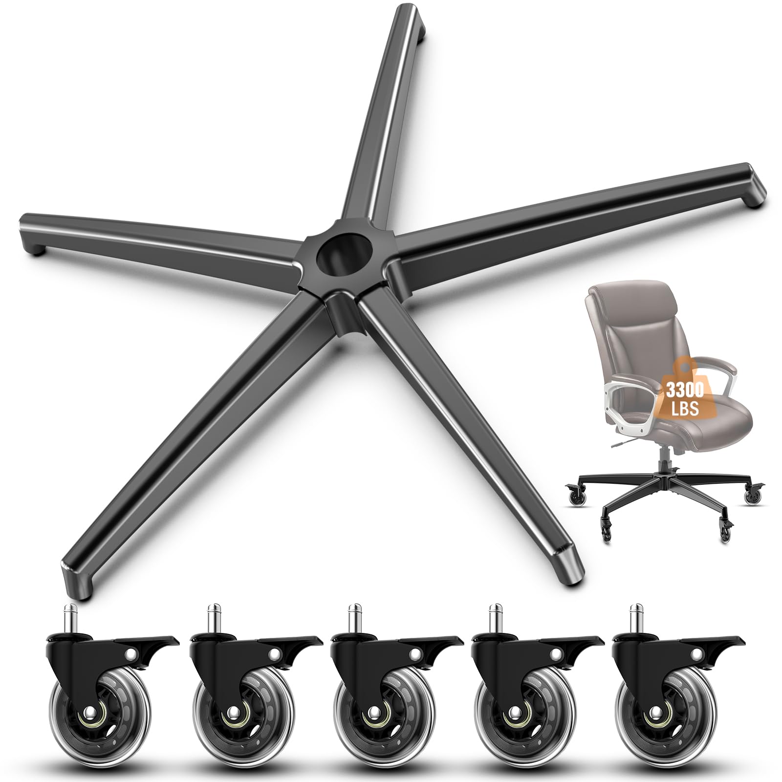 Piezas de repuesto para base de silla de oficina con 5 ruedas con frenos (3300 libras) – Repuesto de base de silla de oficina de aleación pesada, cilindro de gas universal