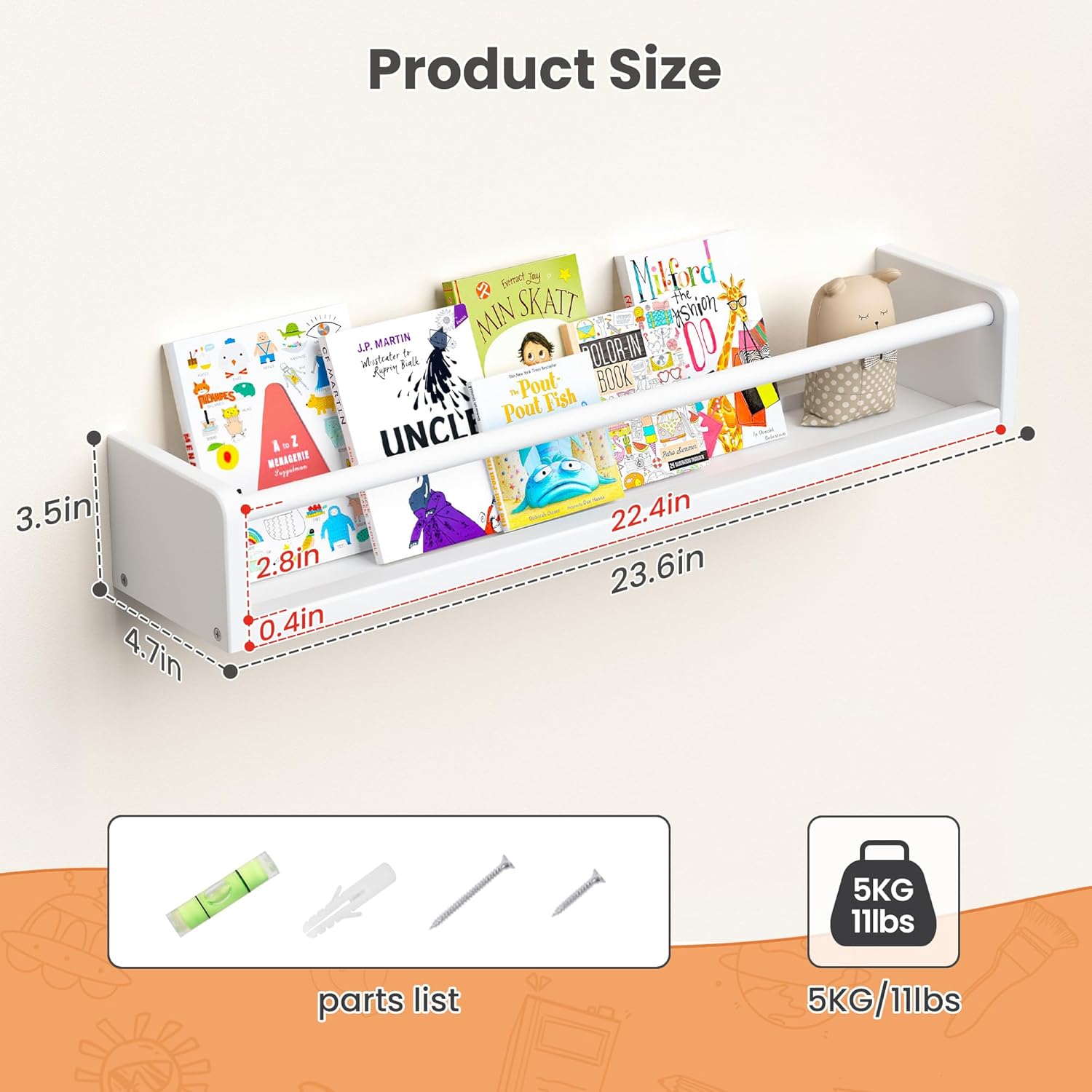 upsimples 2 Pack Nursery Book Shelves, 23.6 Inch Floating Bookshelves for Wall, Baby Nursery Decor, Small Solid Wood Wall Mounted Shelves for Baby Kids Boys Girls, White