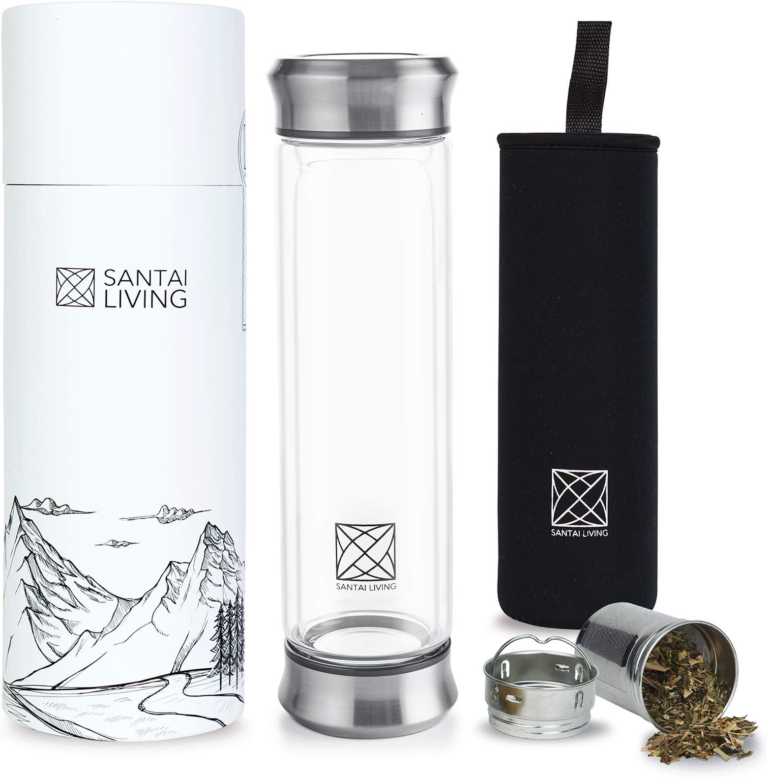 Glass Water Bottle 400ml with Strainer and Tea infuser | Double Walled Insulated Borosilicate Glass Bottles with Carrying Sleeve and Beautifully Gift Ready Packaged