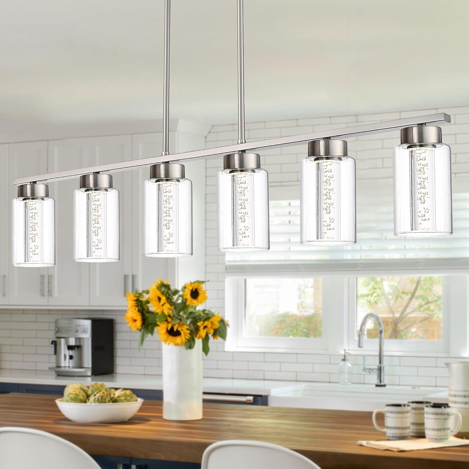 TODOLUZ 6-Lights 5CCT LED Pendant Light Fixtures LED Integrated Bulbs Included, Modern Dining Room Linear Chandelier with Bubble Crystal LED & Clear Glass Shade, Brushed Nickel Kitchen Island Light