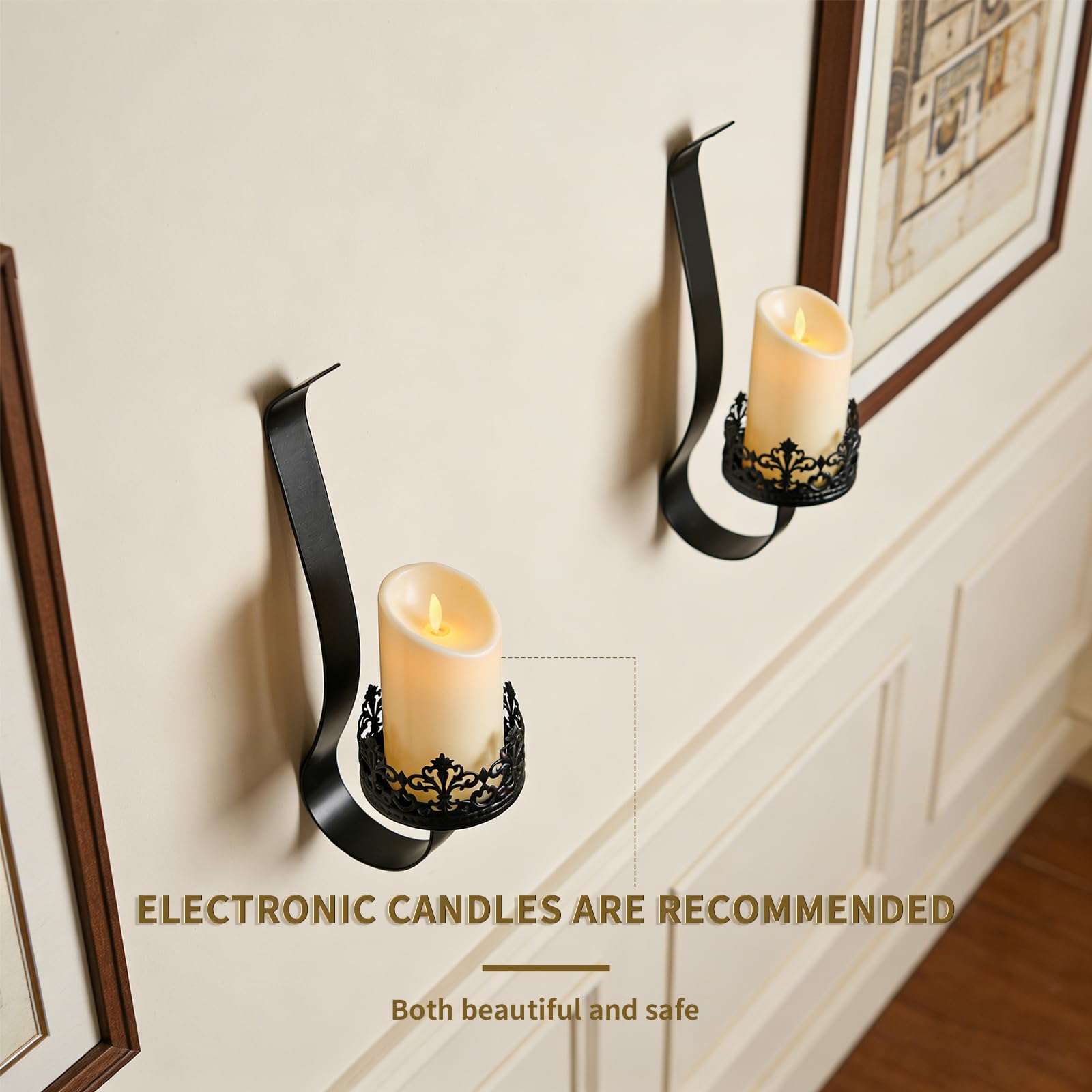 Juego de 2 candelabros de pared de metal negro, portavelas rústicos de granja con bandeja de 4 pulgadas para sala de estar, chimenea, pasillo, decoración de pared de estilo gótico (2, negro
