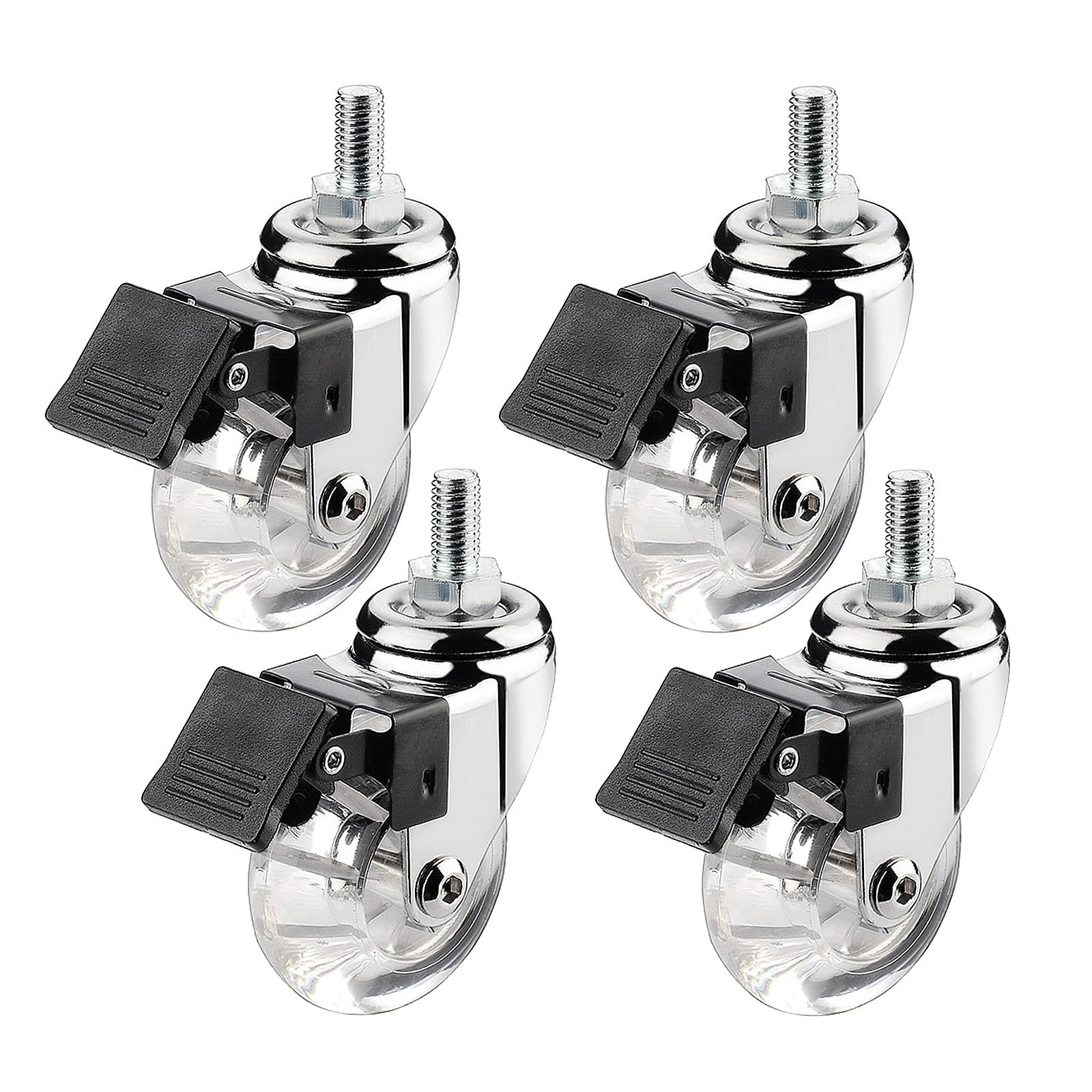 GBRJUYF 2 Inch Swivel Caster Wheels Set of 4, Transparent Rubber Industrial Casters with Threaded Stem, M8x15mm Braked, Ideal for Furniture & Trolleys