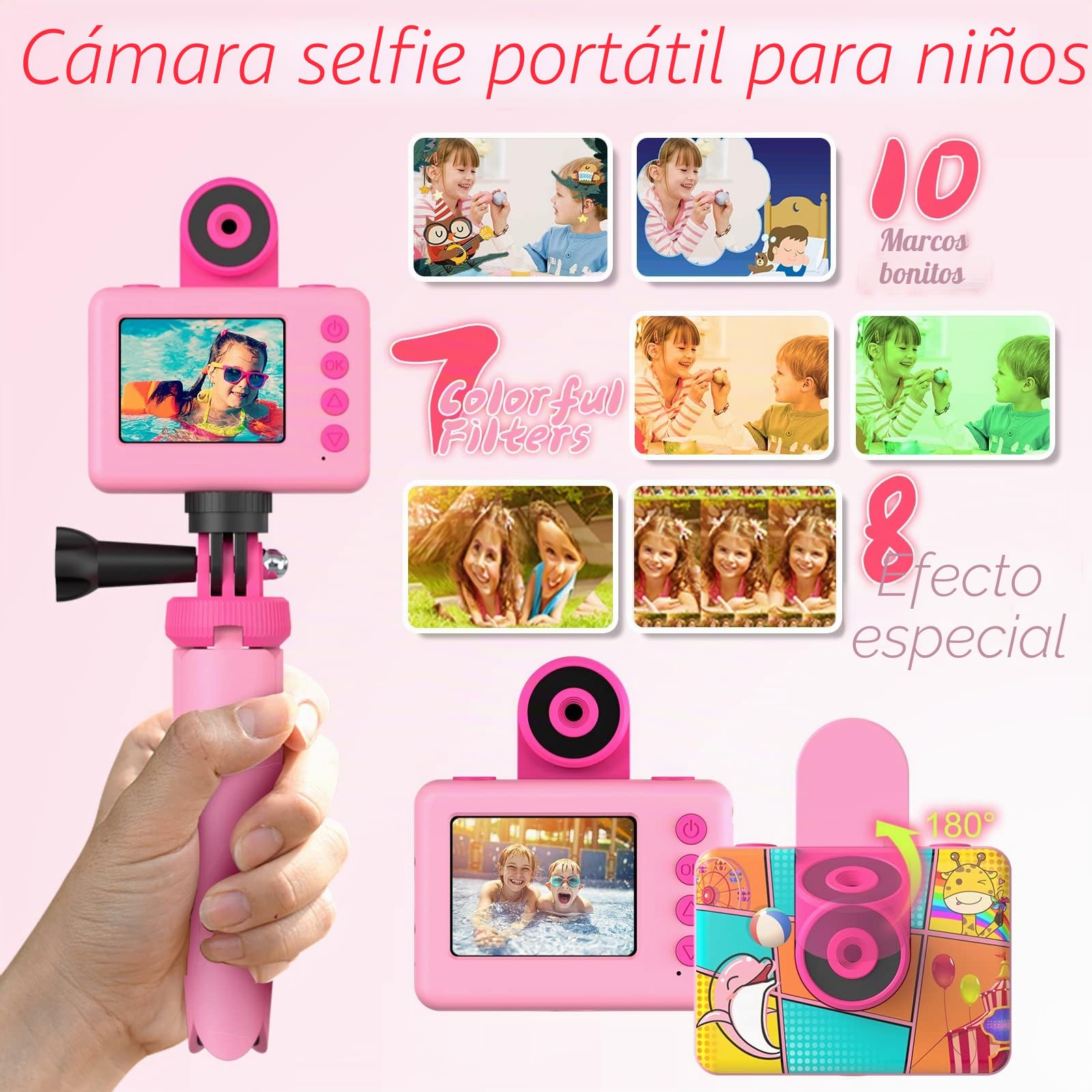 Ushining Cámara Fotos Infantil Impermeable, 12MP HD 1080P Videocámara de Acción Subacuática para Niños con Pantalla de 2,0 Pulgadas, Tarjeta 32GB TF, Regalo 3-12 Años, Rosa