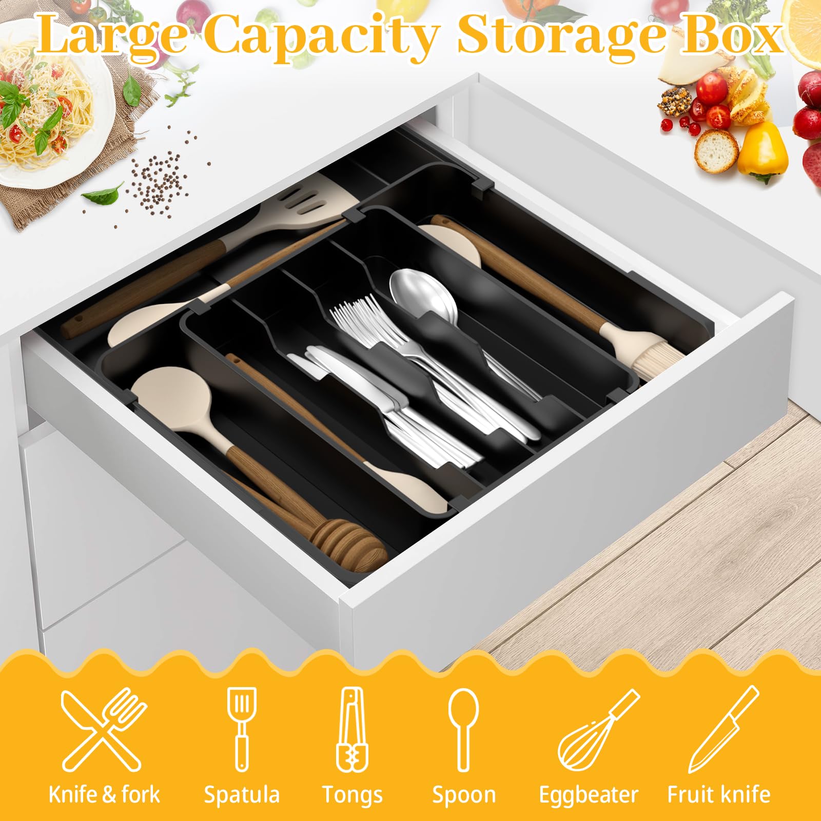 Lifewit Portaposate da Cassetto, Organizer Utensili da Cucina, Porta Posate Regolabile in Plastica, per Utensili e Accessori, Profondità 35 cm, Espandibile fino a 44 cm, Pacchi 1, Nero