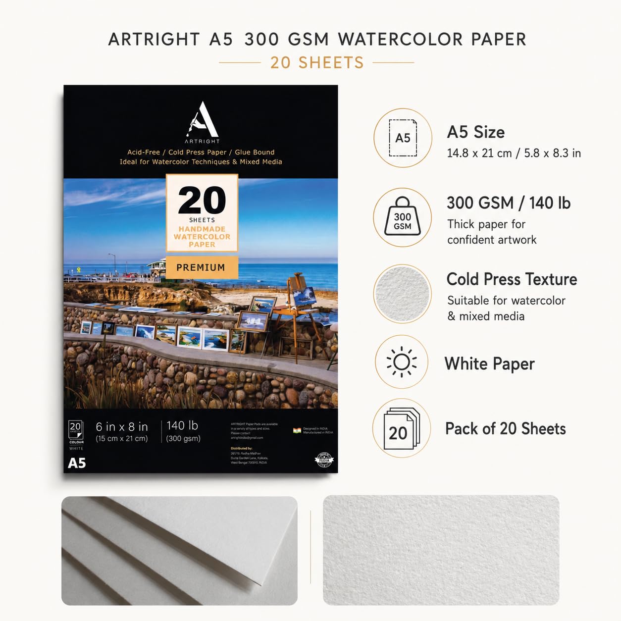ArtRight Artists Watercolor Paper (A5 Pack of 20 Sheets, 300 GSM); Handmade Watercolour Paper for Artists