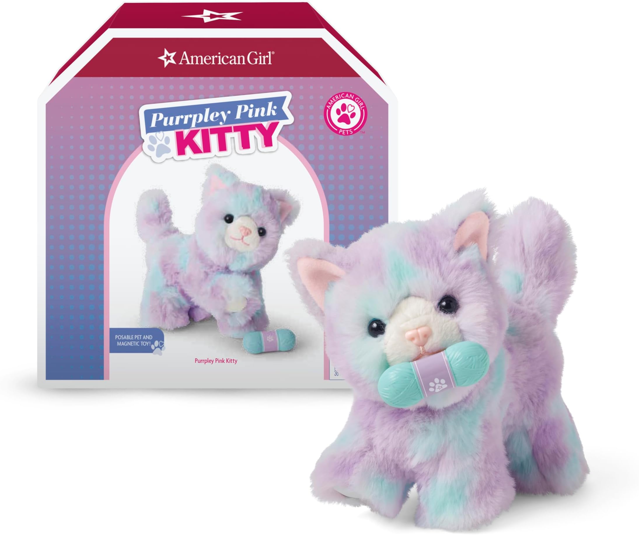Truly Me 18-inch Doll Pet Purrpley Pink Kittycat with Magnetic Mouth to Hold Her Yarn Toy, For Ages 6+