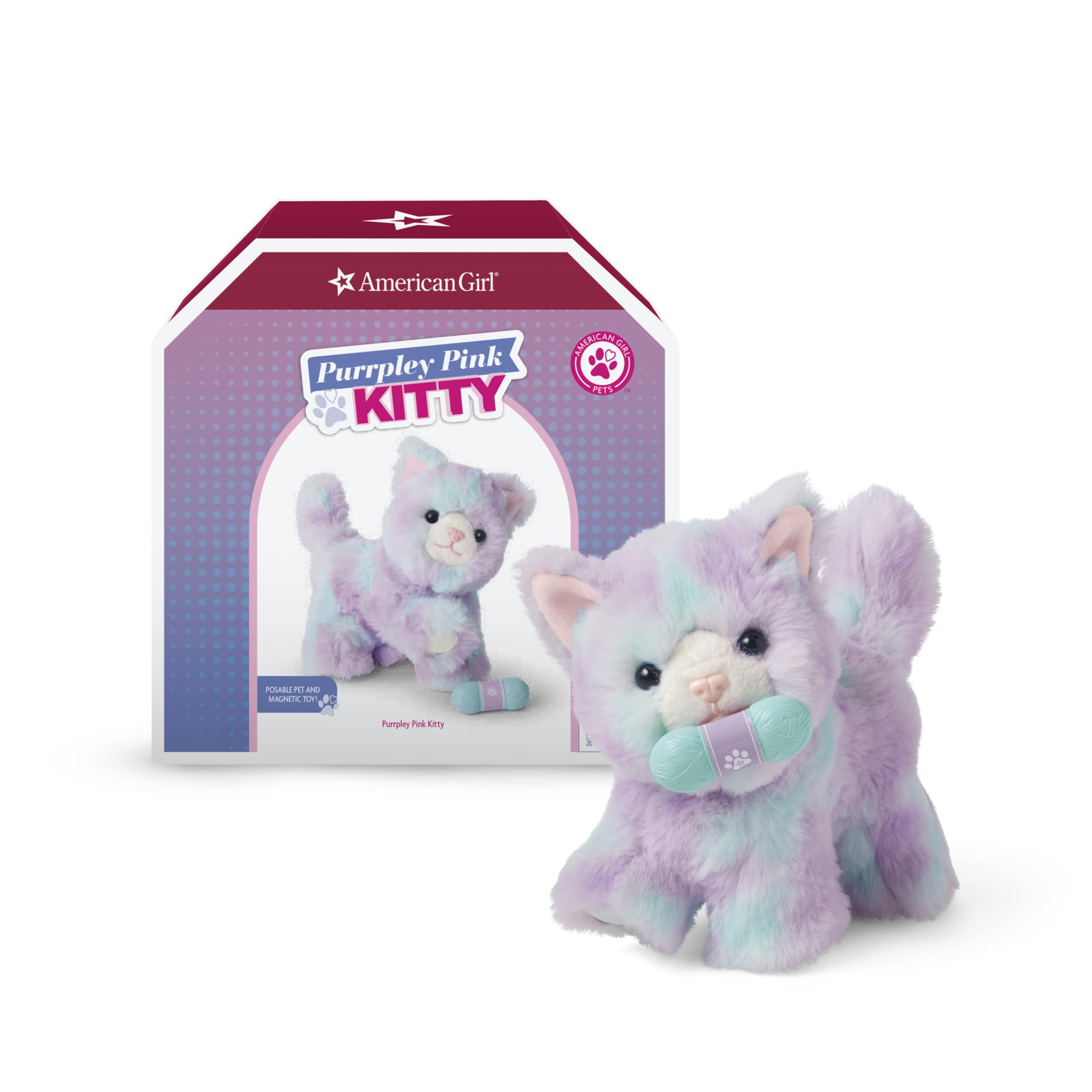 American Girl Truly Me 18-inch Doll Pet Purrpley Pink Kittycat with Magnetic Mouth to Hold Her Yarn Toy, For Ages 6+