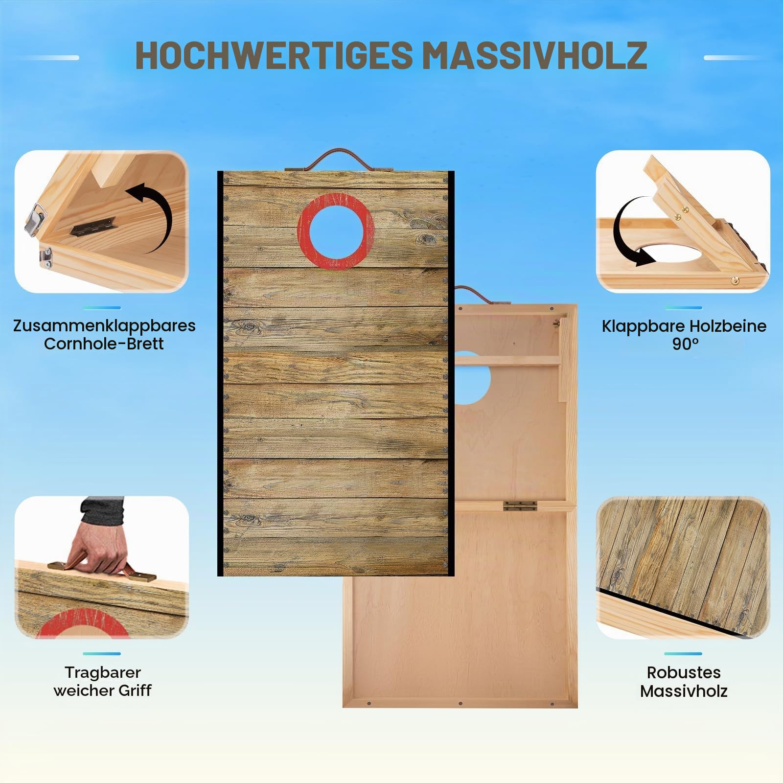 NZQXJXZ Cornhole Spiel Outdoor, 60 x 30 cm Massivholz Premium Corn Hole Boards mit 6 Cornhole Säckchen und Einer Tragetasche, Tragbar Cornhole Toss Set für Familie und Erwachsene