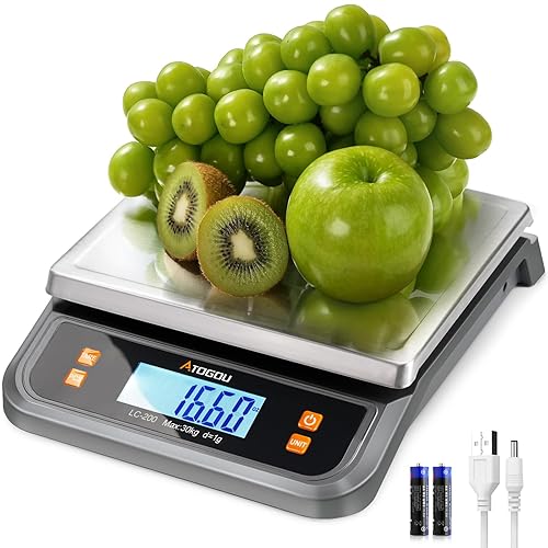 Atogou - Báscula de cocina digital comercial de 88 libras (40 kg1 g), con conversión de 6 unidades, acero inoxidable, pantalla LCD, batería AA o uso