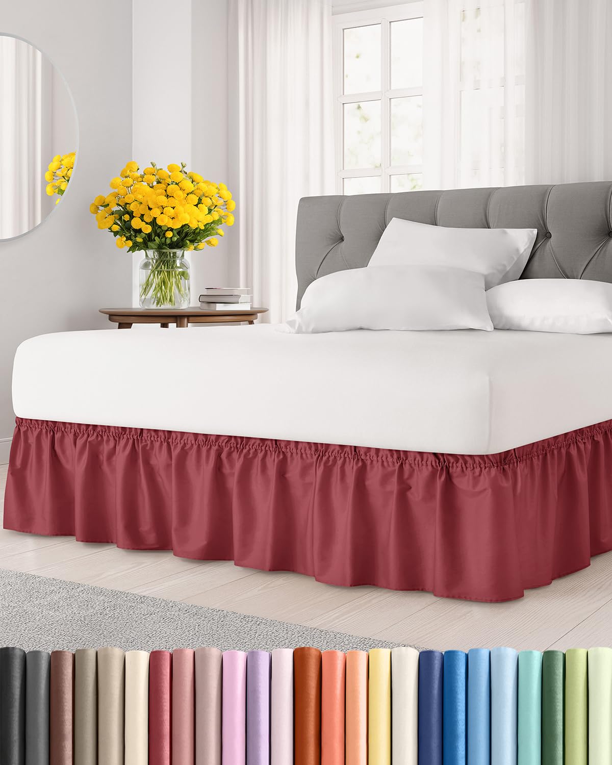 Wrap Around Dust Ruffle Bed Skirt - Burgundy - for Full Size Beds with 15 Inch Drop - Easy Fit Elastic Strap - Adjustable Pleated Bedskirt w/Brushed