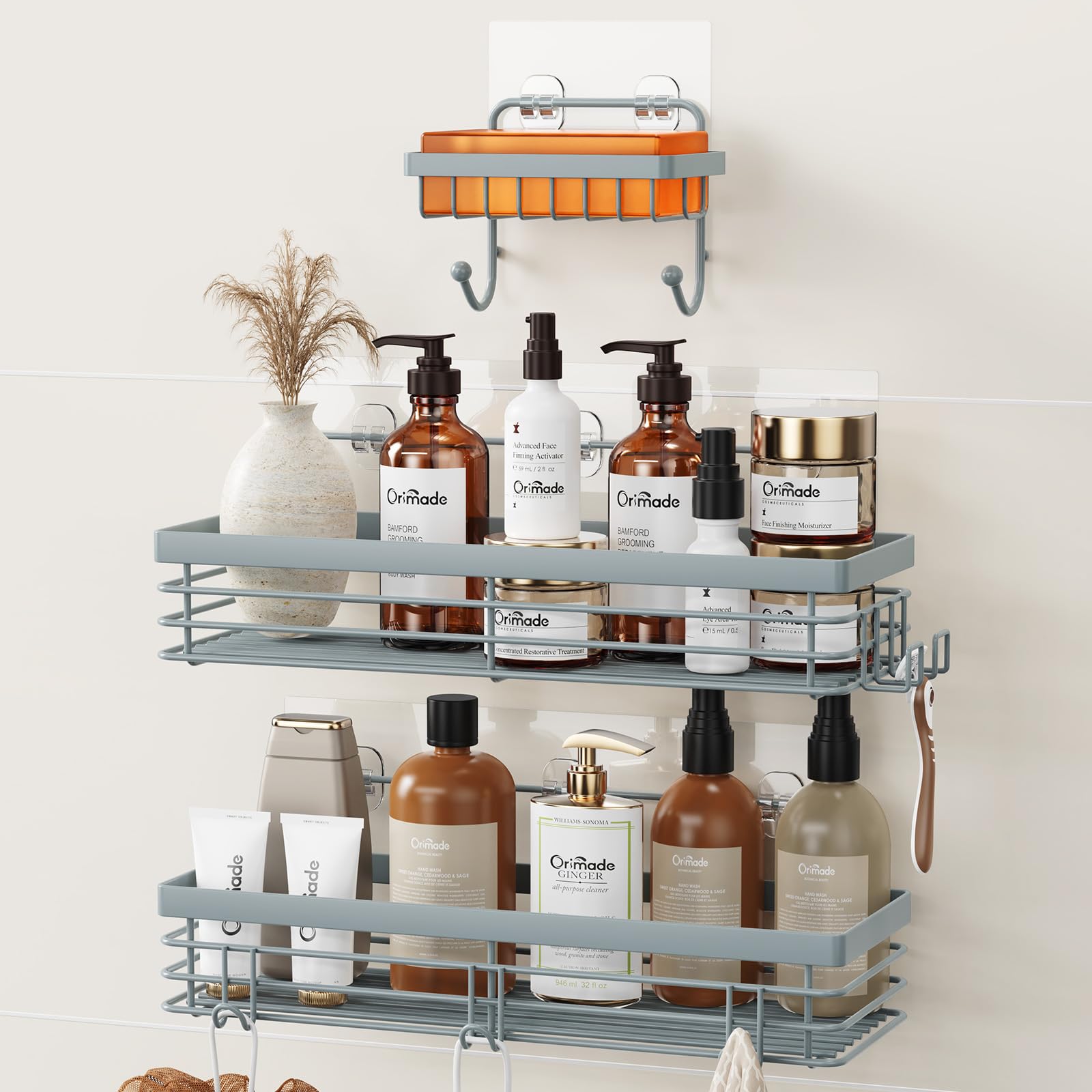 Orimade Adhesive Shower Caddy Soap Dish Holder Shelf with 5 Hooks Bathroom Organizer Basket Kitchen Storage Rack Wall