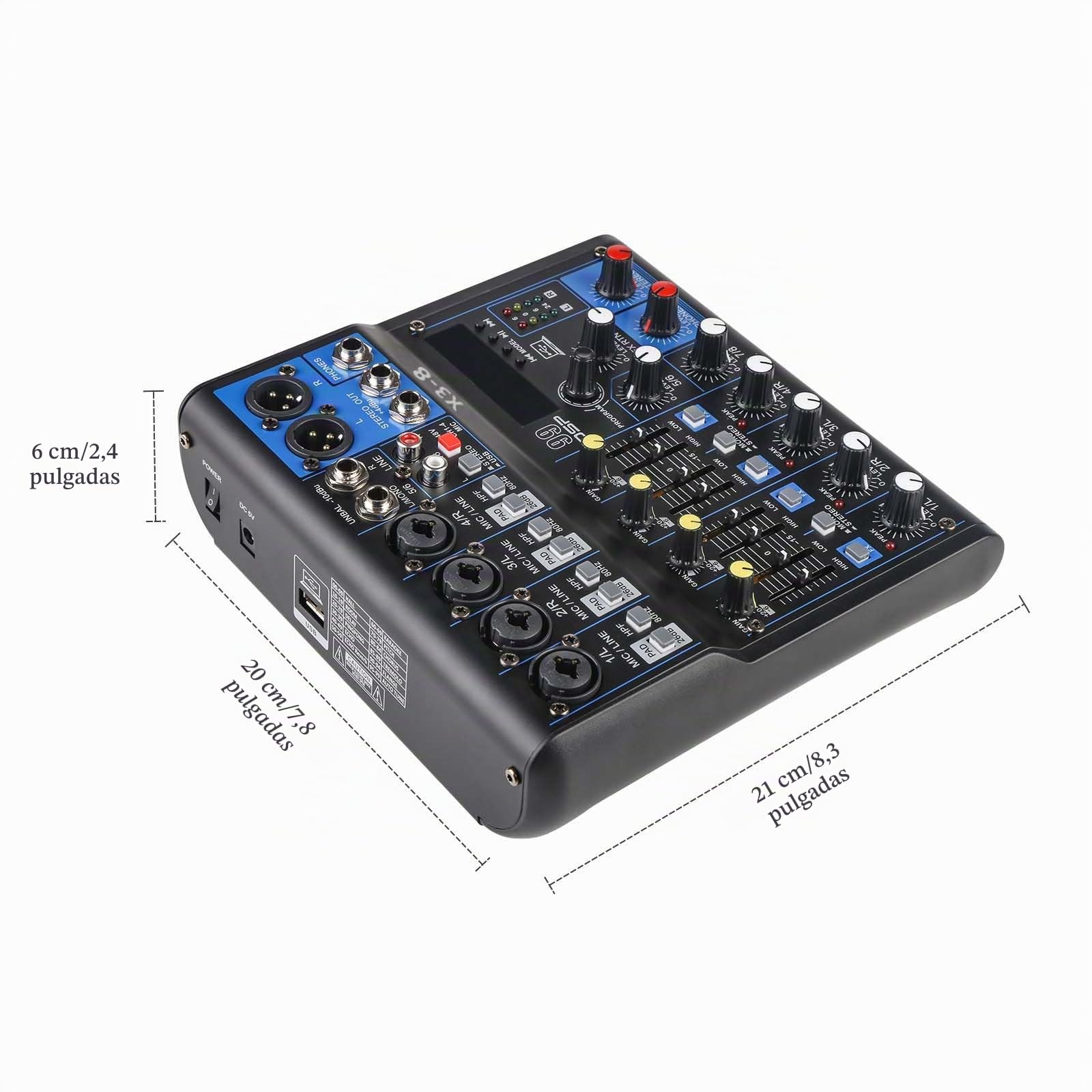 Mezclador de Audio Profesional 8 Canales Mesa de Mezclas para Escenarios y Eventos, 99 DSP Efecto Dj Mixer Audio con Usb Bluetooth MP3 Mesa Sonido
