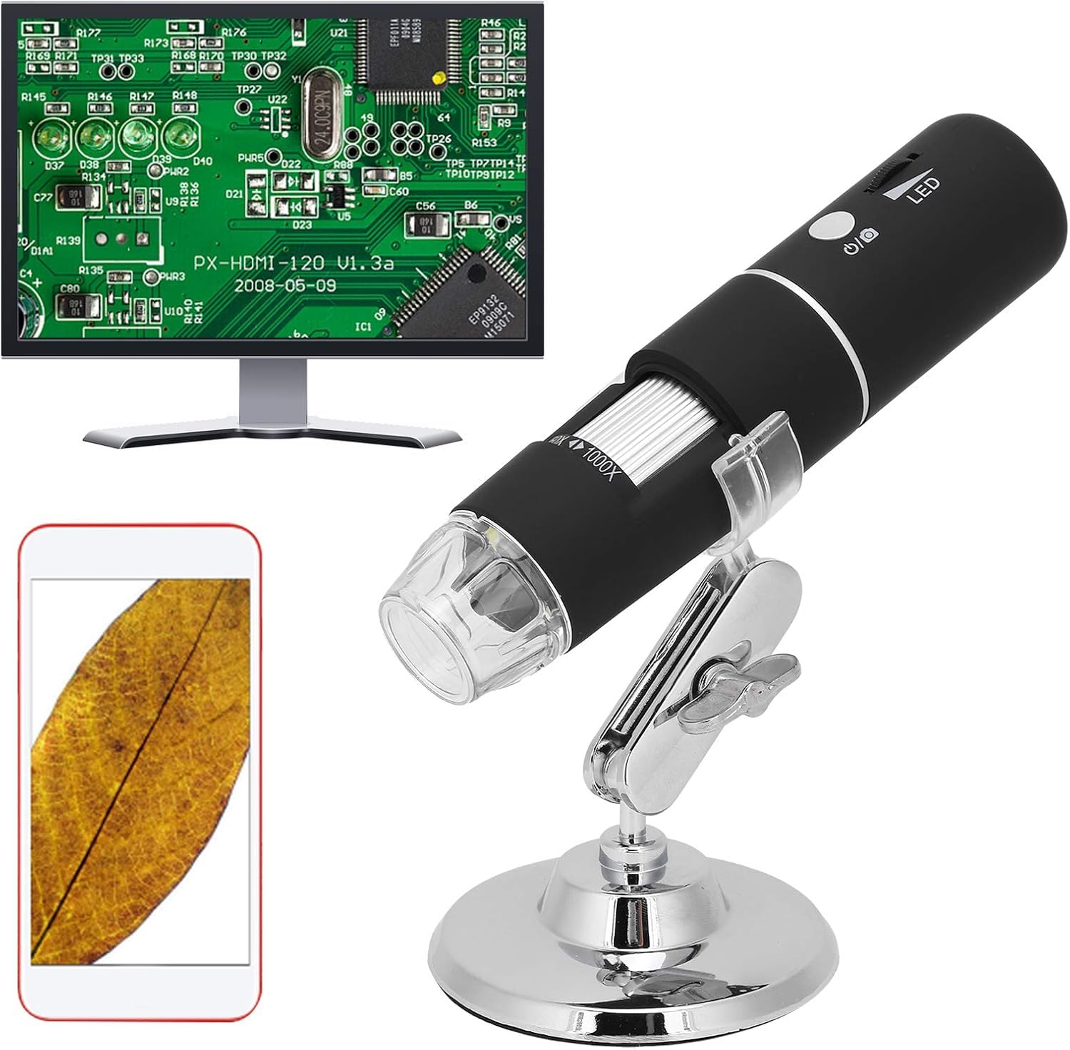 Mikroskop USB, mikroskop cyfrowy, WiFi, USB, 1000 x endoskop z metalowym stojakiem, mini ręczny mikroskop cyfrowy z kablem USB, 8 diod LED, do elektroniki, monet, skóry, kontroli roślin