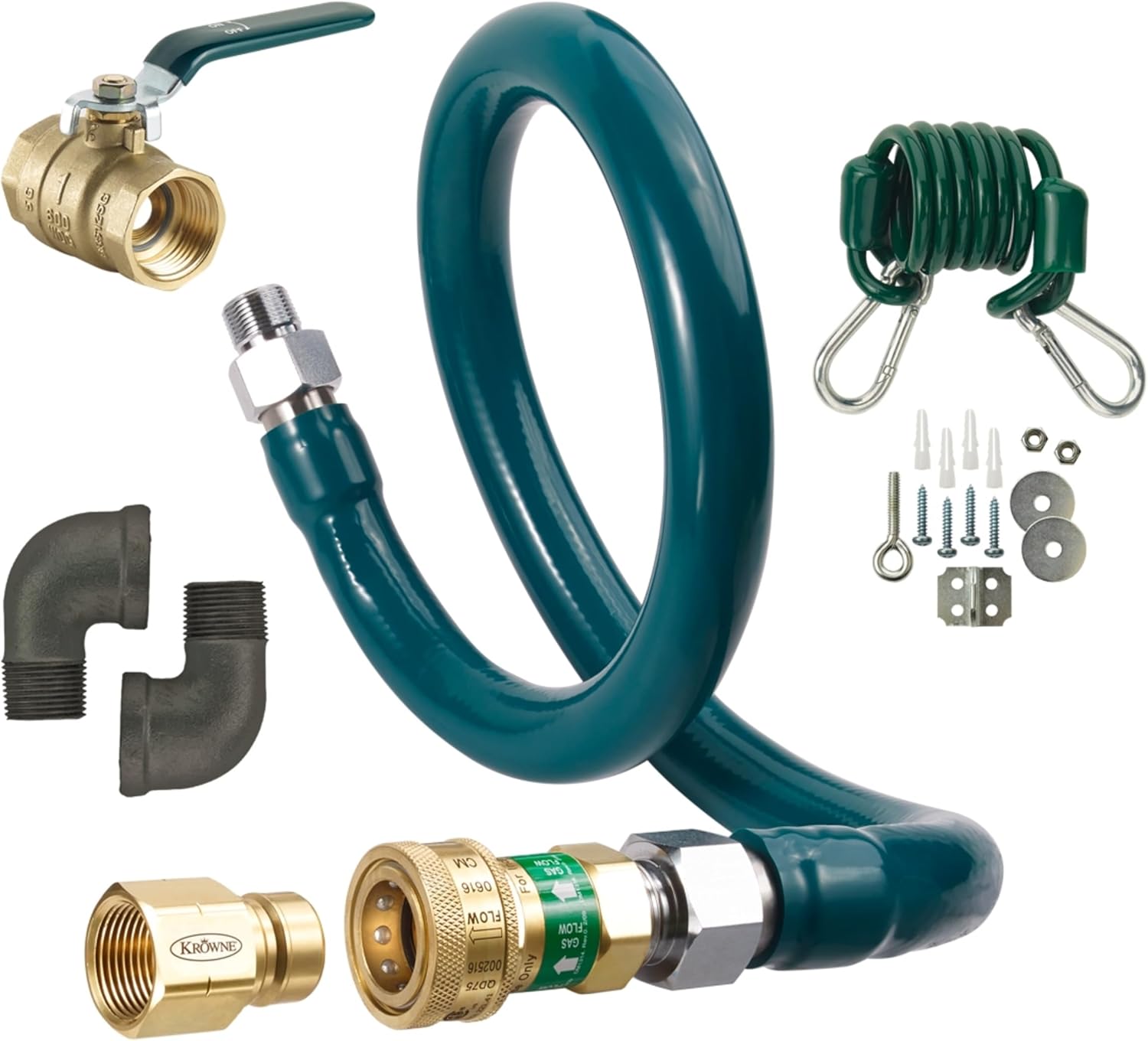 krowne m5036k royal series moveable gas connection kit | quick disconnect valve and flexible hose connector line for commercial kitchen | 77,000 btu | 36"l x 0.5"w, plastic coated stainless steel