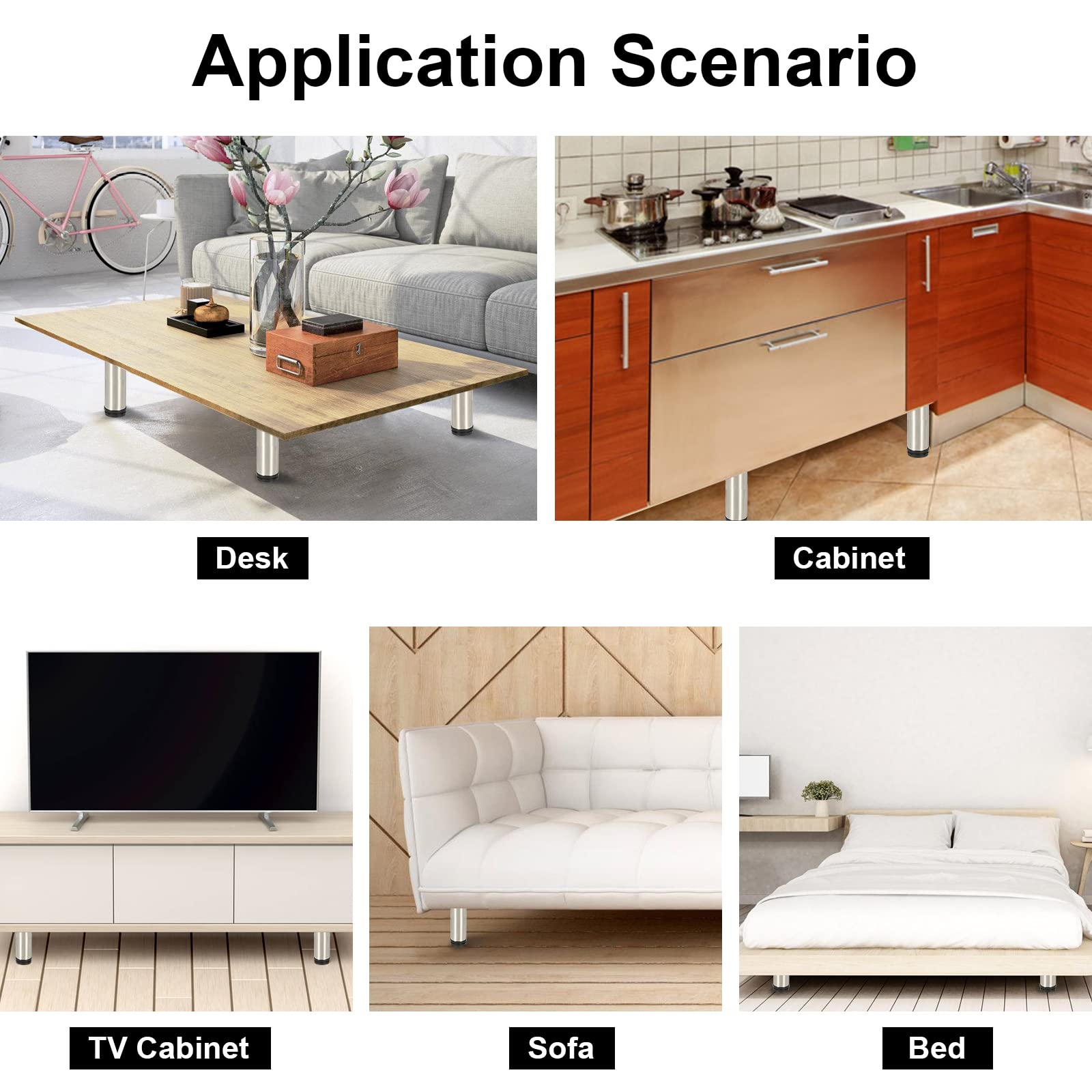 Juego de 12 patas para muebles, altura regulable, altura de 200 mm, con tornillos para muebles personalizados, patas de muebles de cocina, patas redondas de acero inoxidable