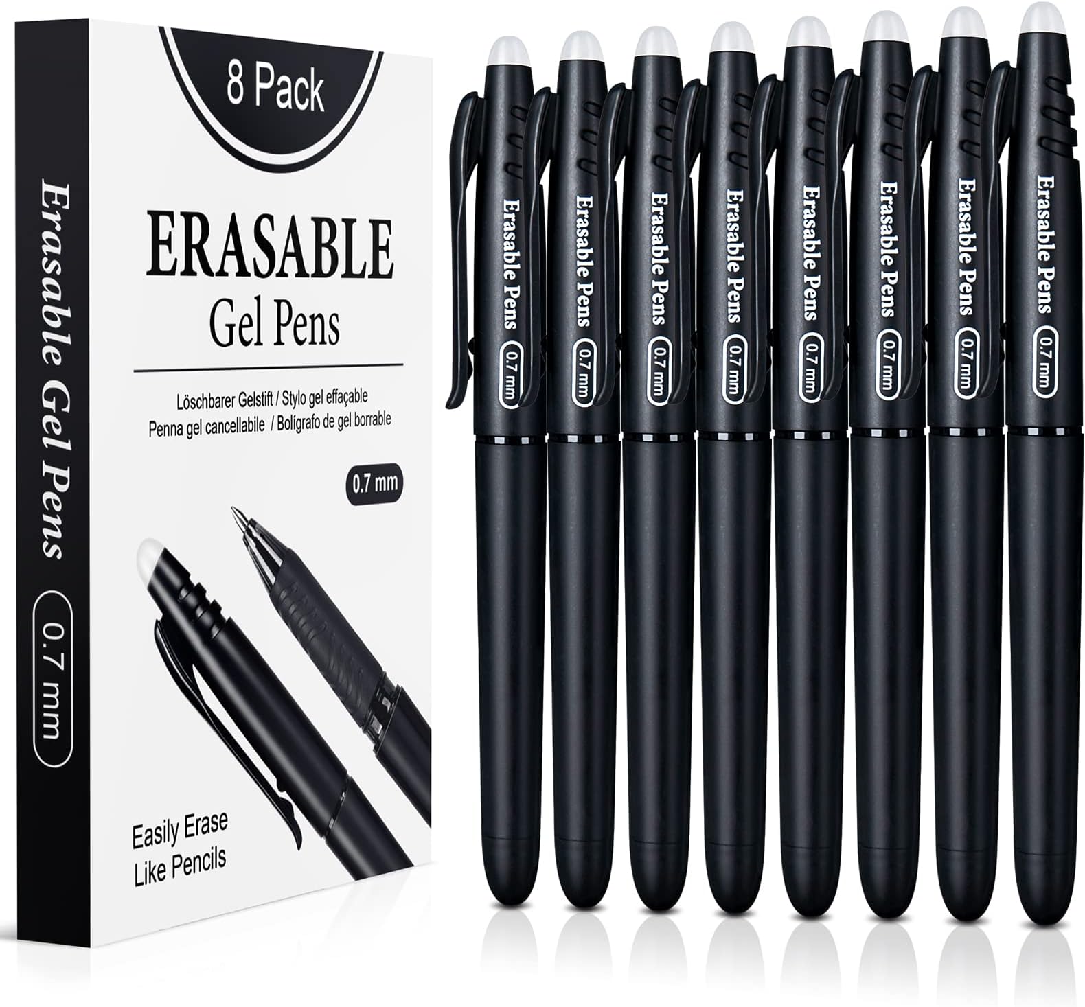 AIGLET 8 Erasable Pens Black Eraser Pen, Rub Out Pens with Rubbers on the End, Erasable Pen with