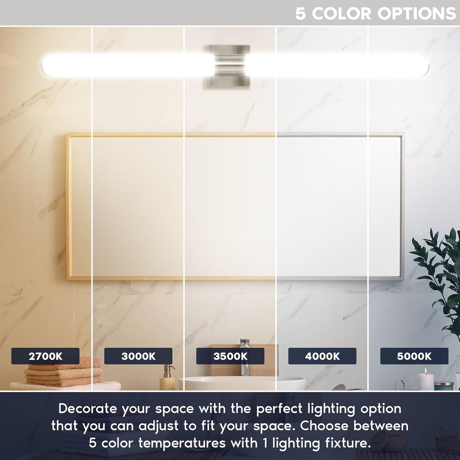 LUXRITE LED Bathroom Vanity Light Fixtures 48 Inch Brushed Nickel 5 CCT 2700K-5000K Selectable Over Mirror Vanity Lights Modern Wall Light Bar 38W 3000 Lumens CRI 90 Dimmable Damp Rated ETL Listed