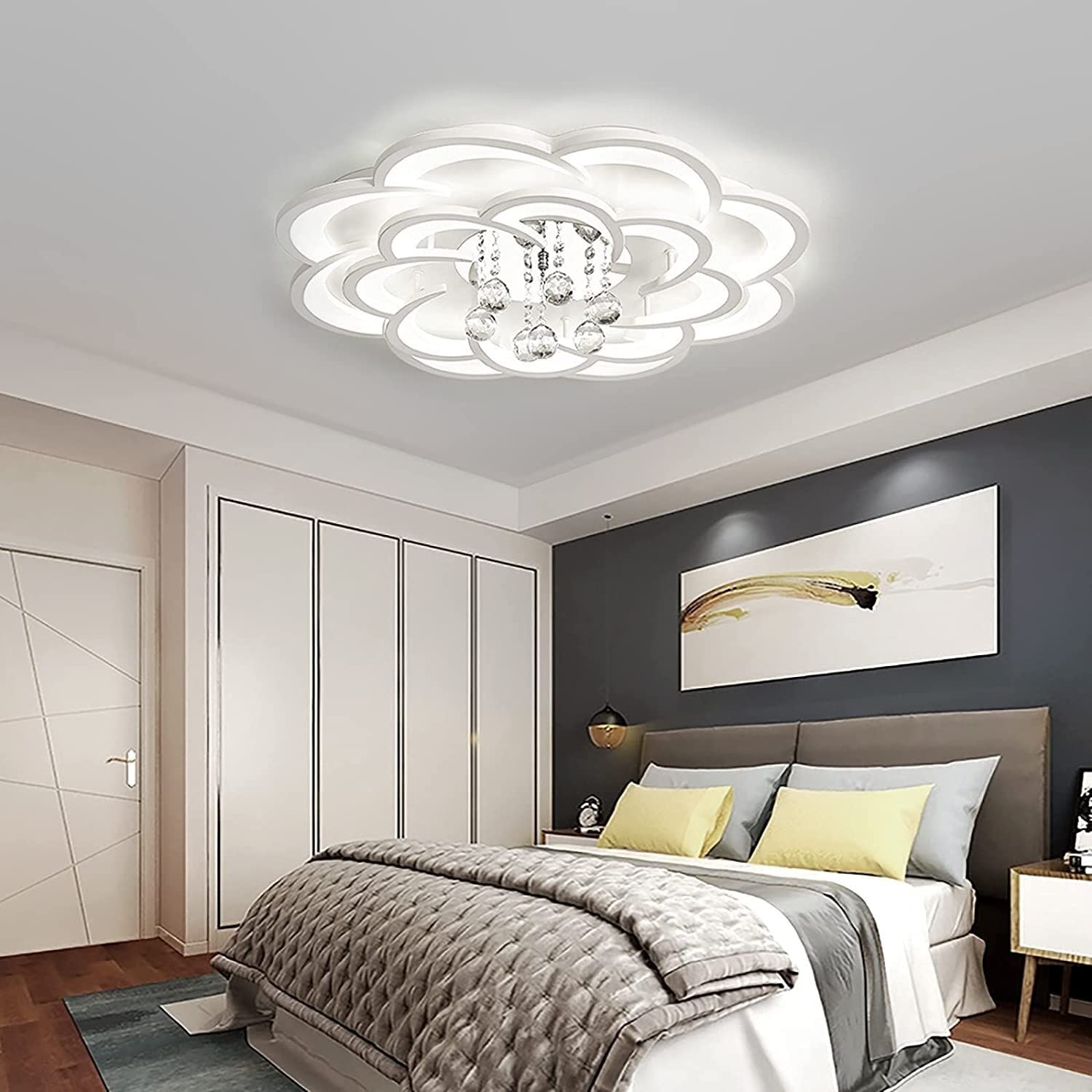 Nowoczesna lampa sufitowa LED w kształcie kwiatu, z elementami akrylowymi i kryształowymi, do zabudowy sufitowej, idealna do salonu, jadalni lub sypialni.