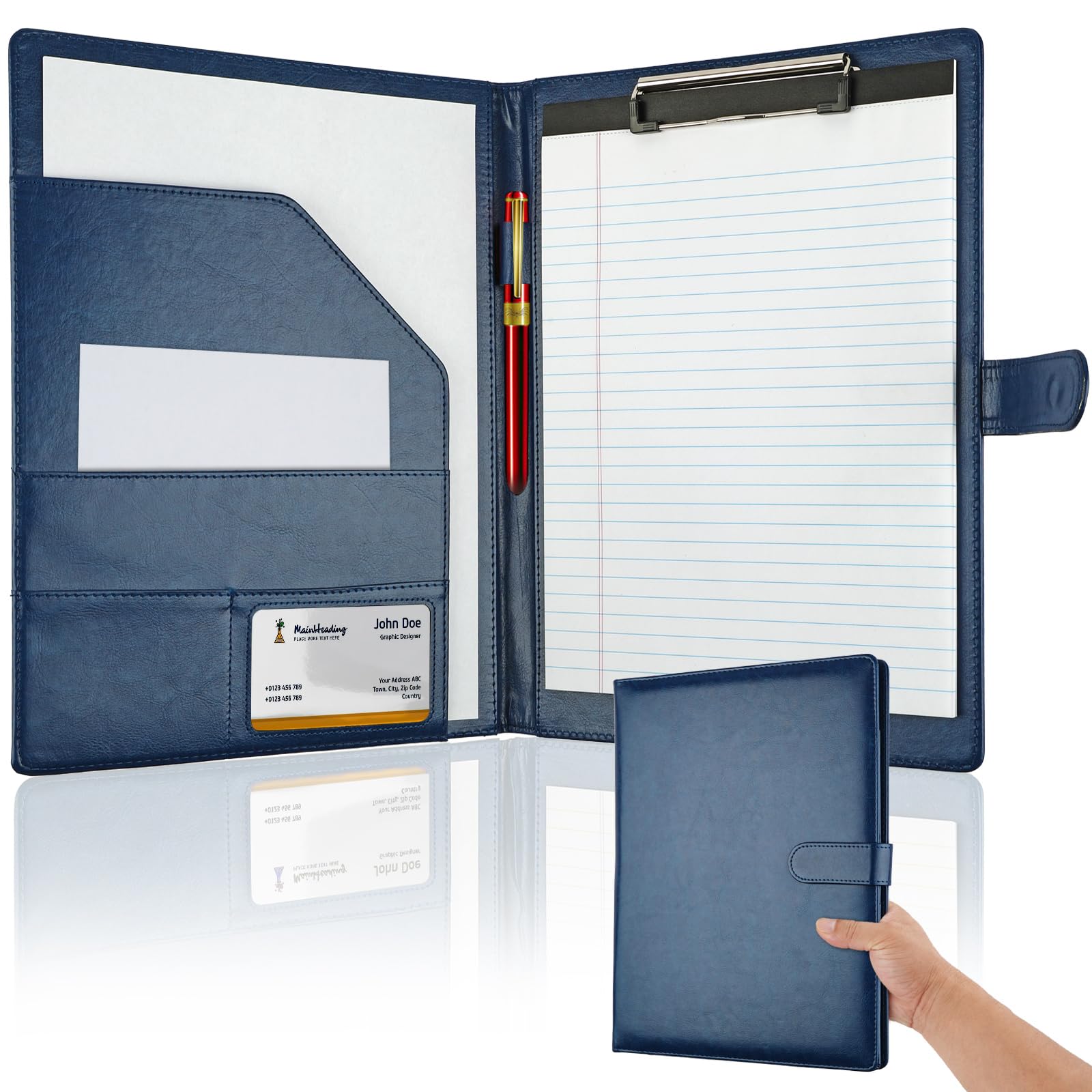 Professional Padfolio with Clipboard, Faux Leather Portfolio Folder Binder, Legal Pad Holder for A4 Letter Size Notepad, Resume, Writing Pad, Ideal Organizer for Business Office Conference (Blue)
