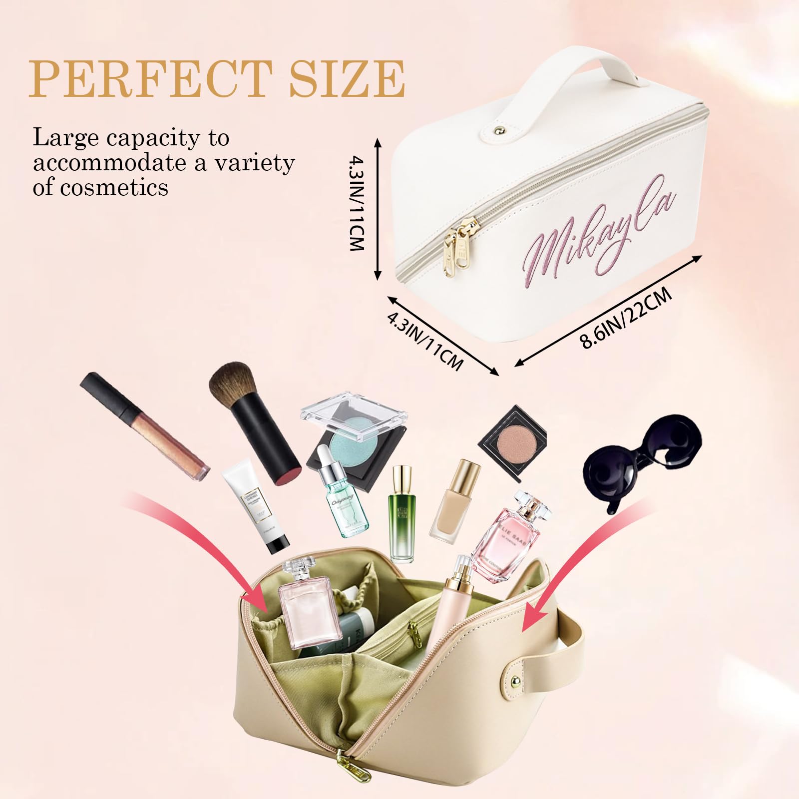 Personalized Large Capacity Cosmetic Bag, Embroidered Makeup Bag with Name, Portable Waterproof PU Leather Makeup Bag, with Divider and Handle, Travel Makeup Bag, Gifts for Women, Mom, Bridesmaids (Embroidery)