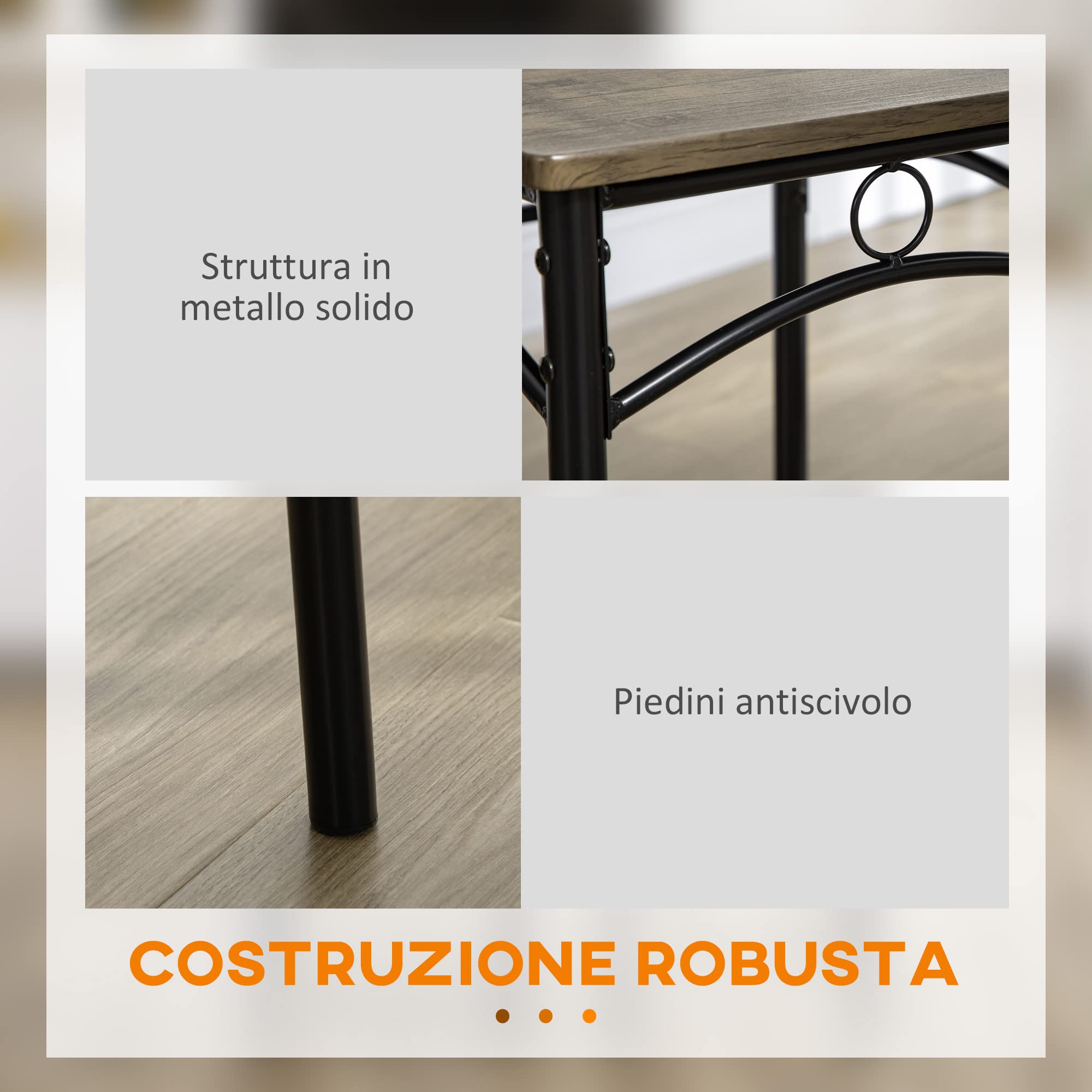 HOMCOM Tavolo da Pranzo con 4 Sedie, Set 5 Pezzi in MDF e Metallo per Sala da Pranzo, Cucina, Bar e Soggiorno, Marrone e Nero