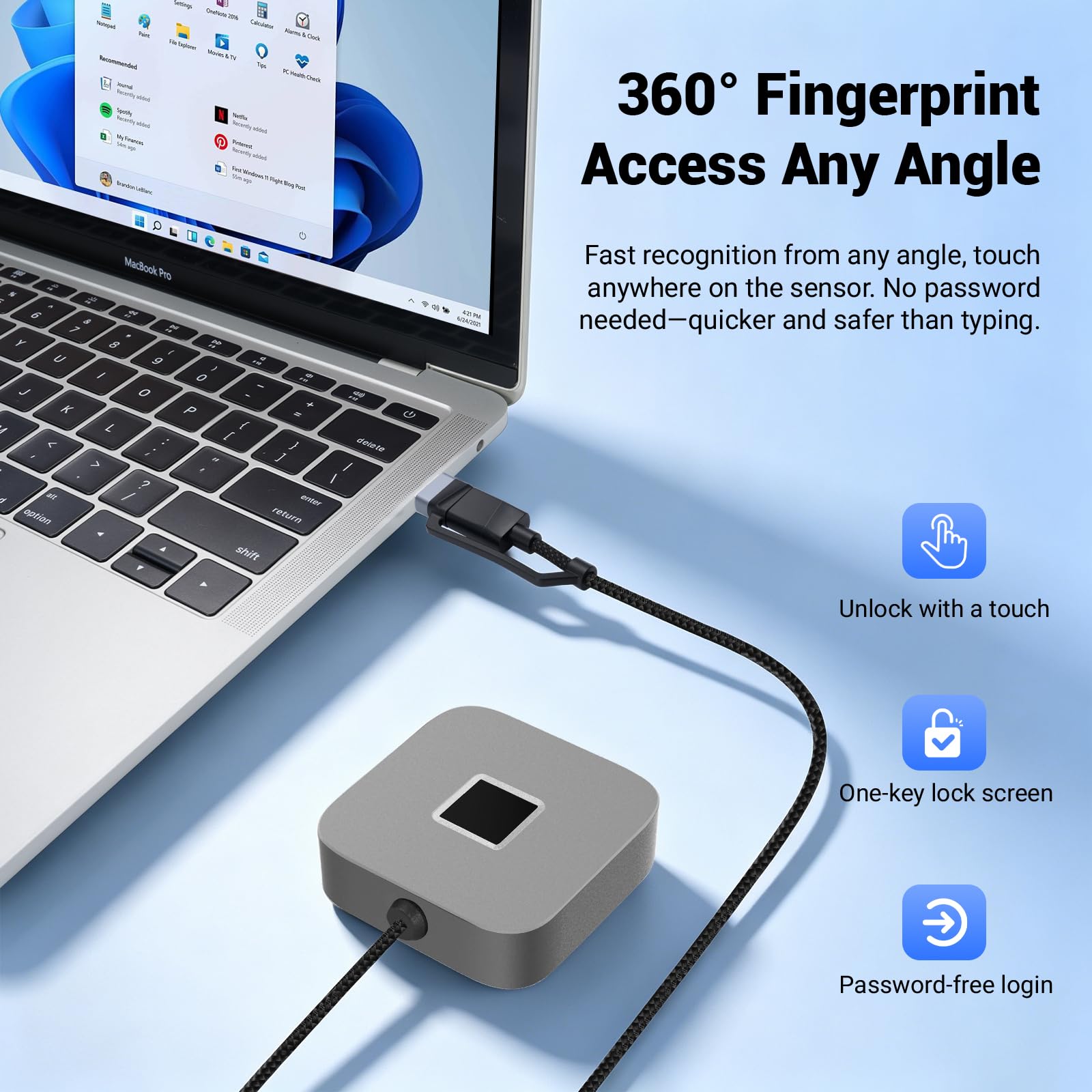 Lecteur d‘Empreintes digitales USB pour Windows Hello, Compatible avec Windows 11/10, Capteur 360°, clé de sécurité biométrique Plug & Play pour PC/Ordinateur Portable