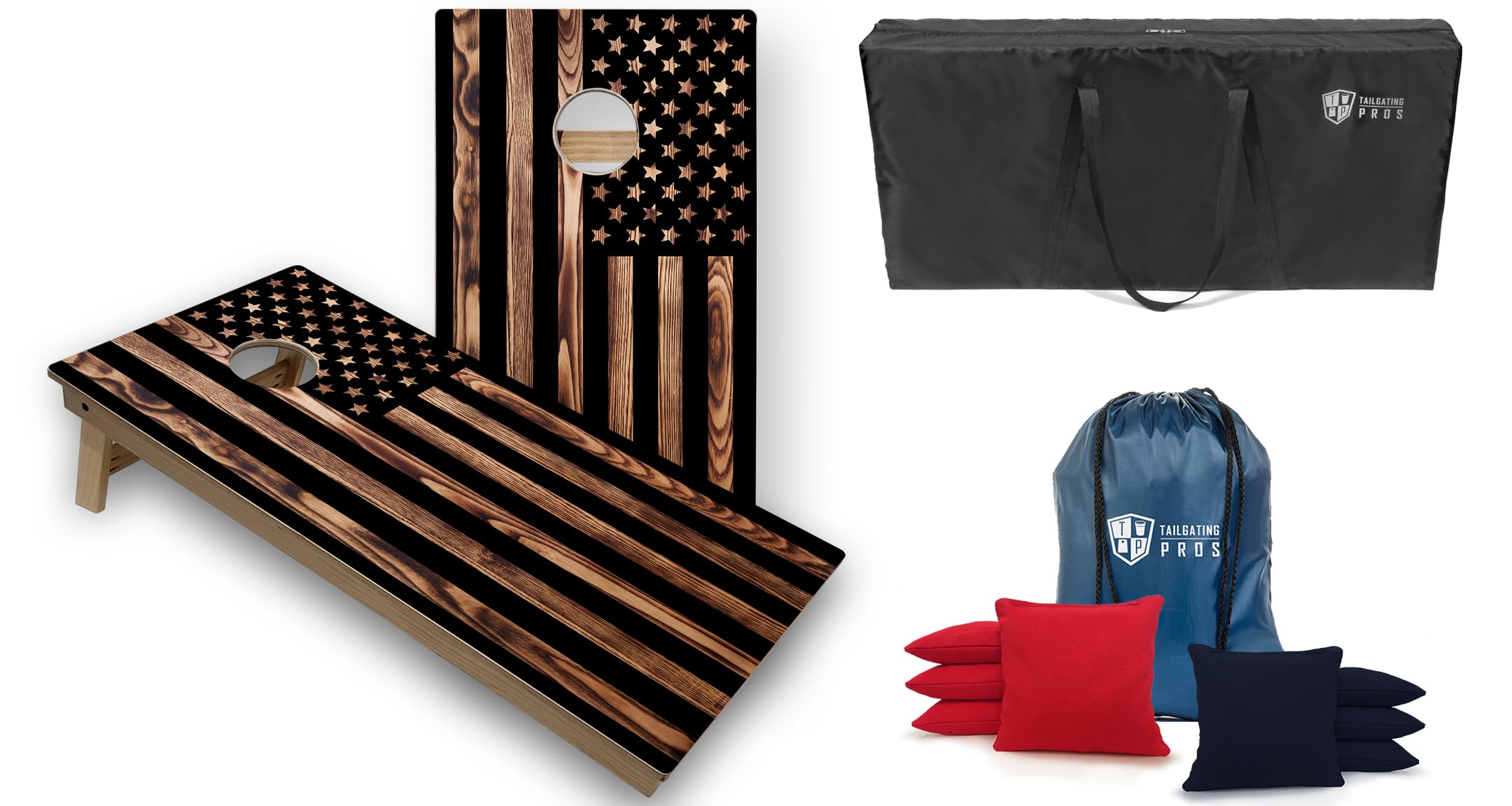 Tailgating Pros Tournament Grade American Themed Cornhole Board Set w/Bean Bags and Carrying Case - 4'x2' Cornhole Set