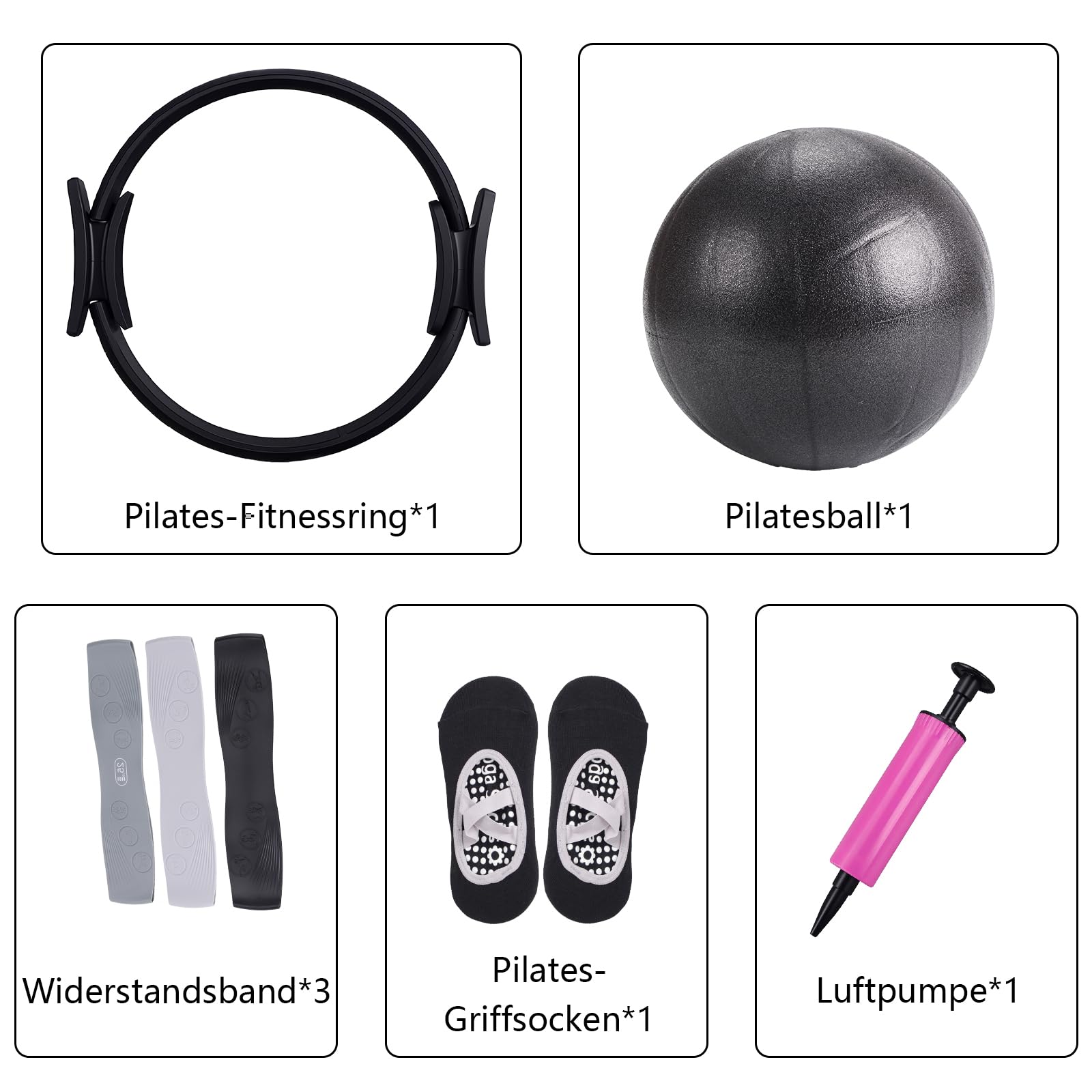 Pilates Set für Zuhause,Pilates Essential Kit mit Pilates Ring, Widerstands- und Loop Bändern, Soft Ball & Luftpumpe, Heimtraining für Damen & Anfänger