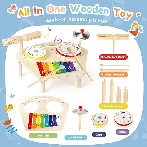 Miniatura 2 de Juego de batería para niños pequeños de 1 a 3 años, juguetes musicales preescolares 7 en 1, juego de instrumentos Montessori, juguete musical de