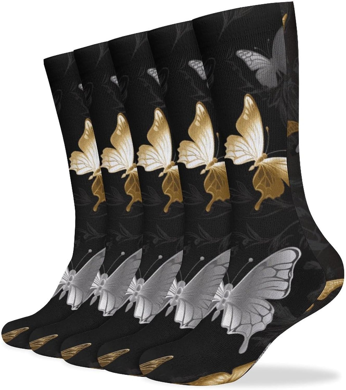 Gold White Butterflies Black Stocking - Cute Casual Long Athletic,Crew Sock for Men Women,Running Socks Soft Breathable for Gift