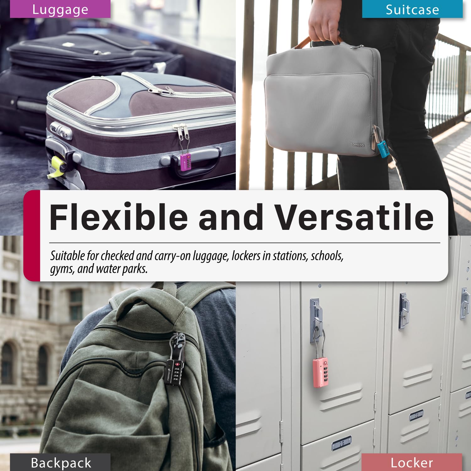 Fosmon Candados TSA con indicador de apertura – Combinación de 4 dígitos para maletas, mochilas, equipaje de mano y taquillas (4 uds, Negro, Azul, Morado, Rosa)