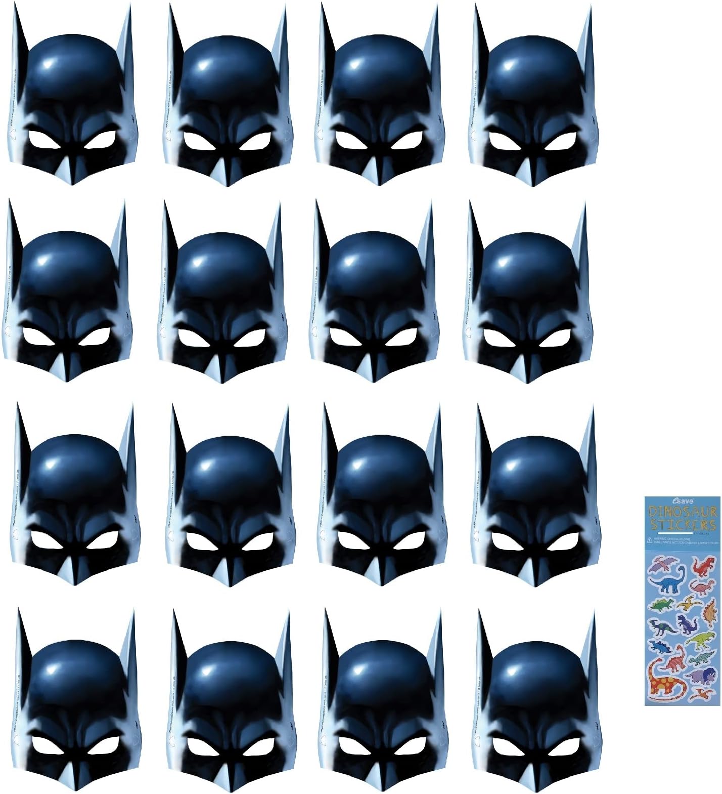 Unique Batman Super Hero Birthday Party Supplies Favor Bundle includes 16 Party Paper Masks with 1 Dinosaur Sticker Sheet