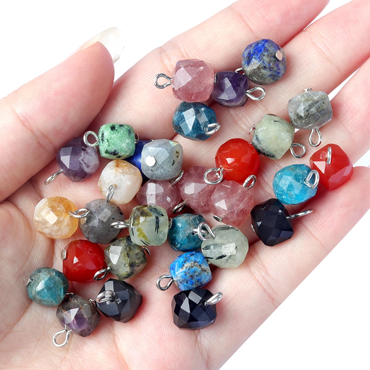 13pcs Natural Stone Pendant Faceted Aquamarines Lapis Lazuli Cube Square Beads Quartz Apatite Charms for Jewelry Bracelet Necklace