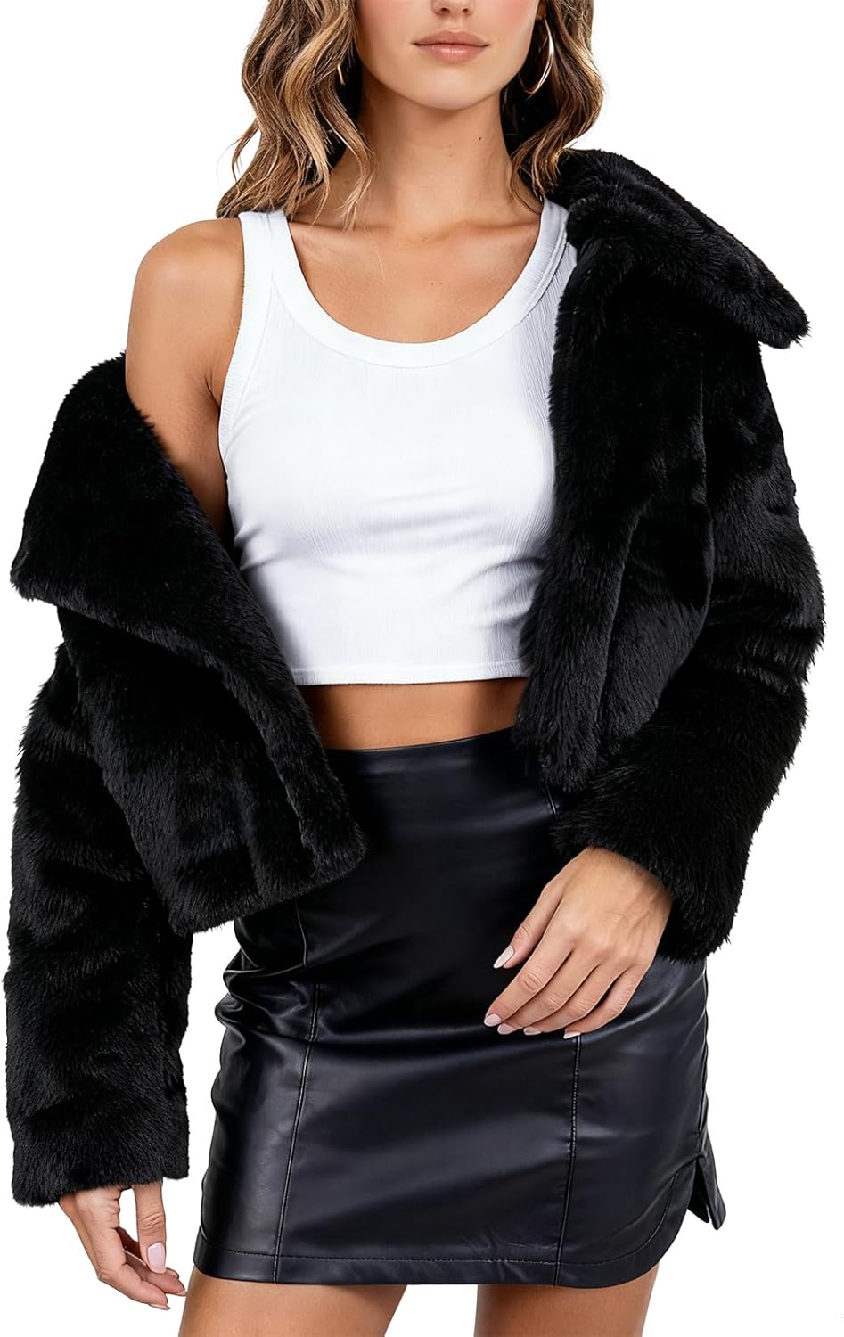 Women's Cropped Faux Fur Jacket Winter Shaggy Open Front Coat with Notch Lapel Pockets Warm Fuzzy Outerwear - Image 4