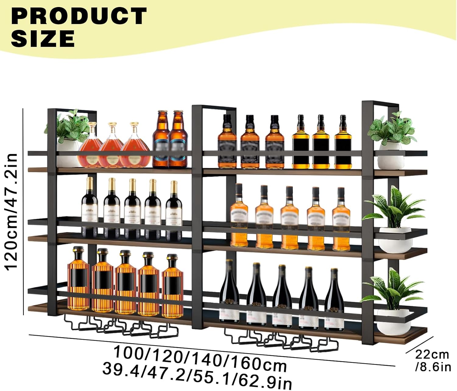 Wine Rack Wall Mounted with LED Lights, 3 Tier Metal Liquor Floating Display Shelves, with Wine Glass Rack, Iron & Wood Industrial Wall Wine Rack, for Bar, Kitchen, Cafe (Black, 39.4in)