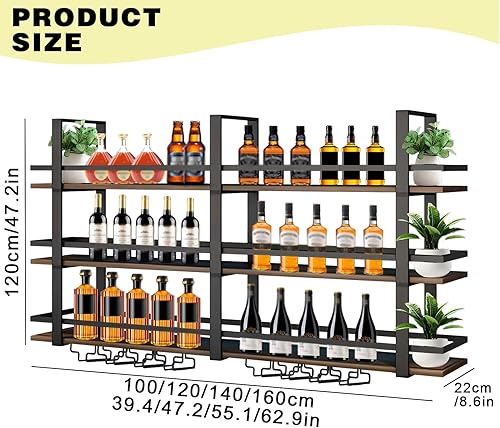 Miniatura 2 de Estante para vino montado en la pared con luces LED, estantes flotantes de 3 niveles de licor de metal, con estante para copas de vino, estante de