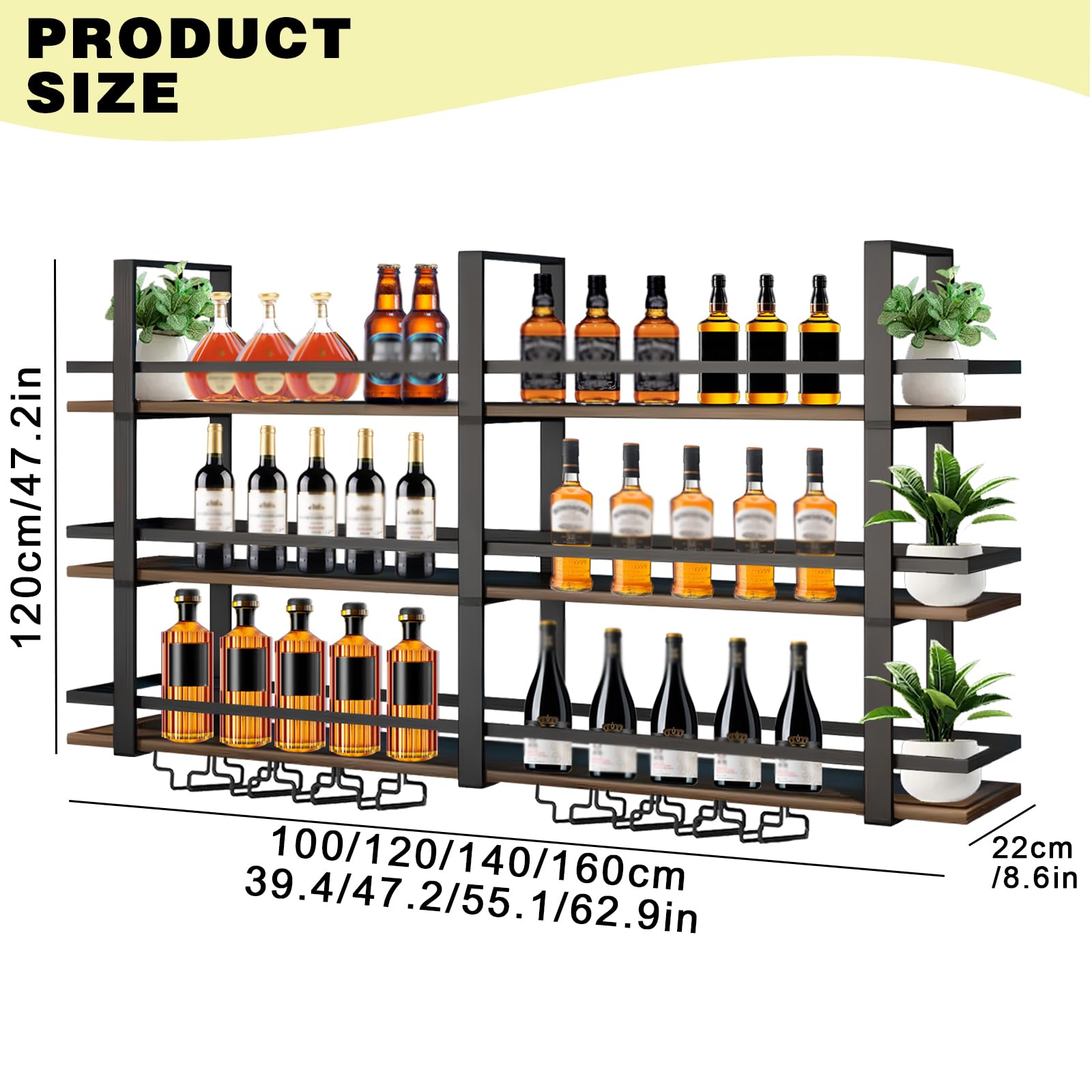 Portabottiglie da Parete con luci a LED, Ripiani Espositivi Galleggianti in Metallo a 3 Livelli per Liquori, con Portabicchieri, Portabottiglie da Parete Industriale, per Bar, Cucina (Black, 140cm)