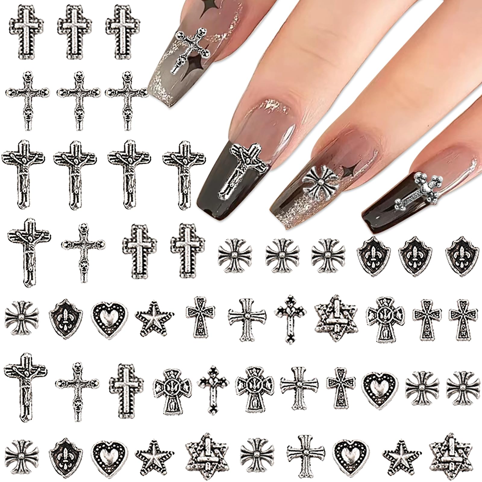 80PCS 12 Designs Nail Cross Charms for Nail Art Decoration, Cross Nail Charms for Acrylic Nails Silver Metal Nail Gems Crosses Nail Charms Nail Art Supplies