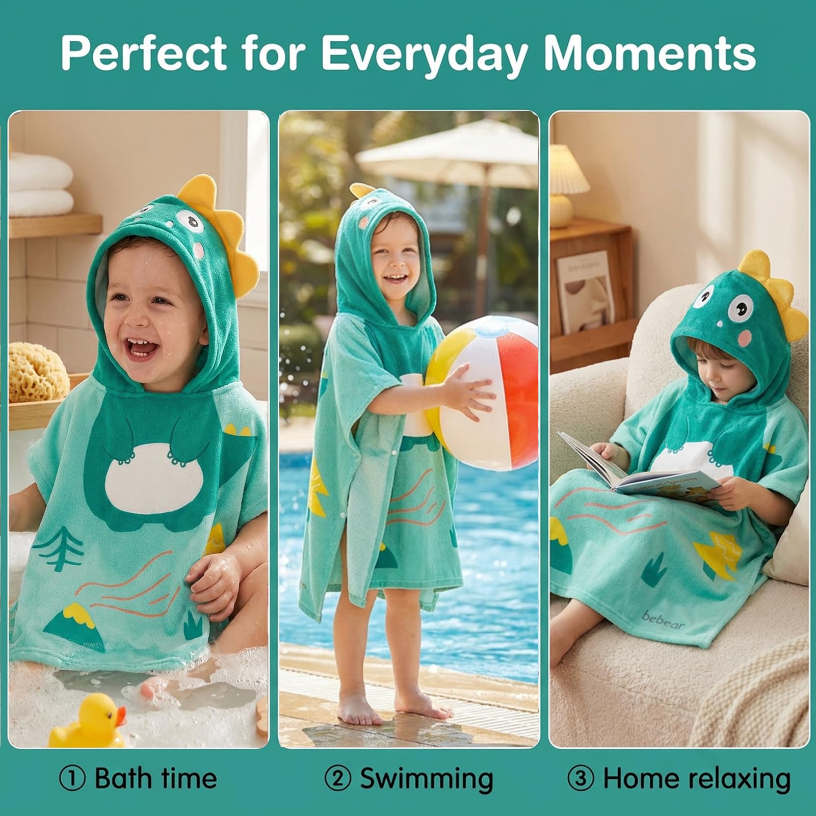 Bebamour Toallas con Capucha para bebés Toalla con Capucha con Capucha para niños Niñas Toalla con Capucha Absorbente para niños pequeños de 25 x 23 Pulgadas, 0-6 años, Dinosaurio Verde